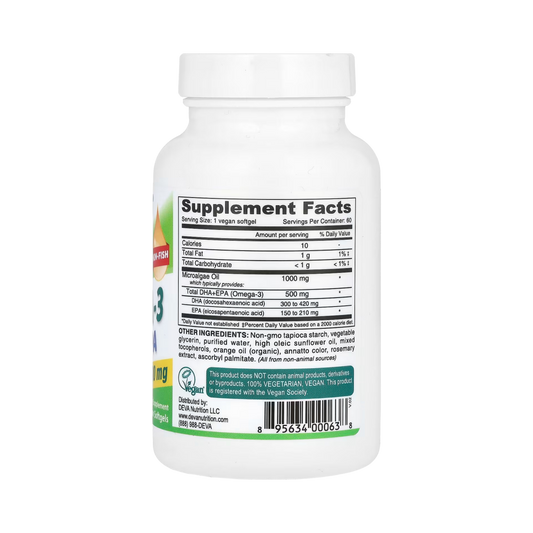 Deva, Vegan Omega-3 DHA-EPA, 500 Mg, 60 Vegan Softgels
