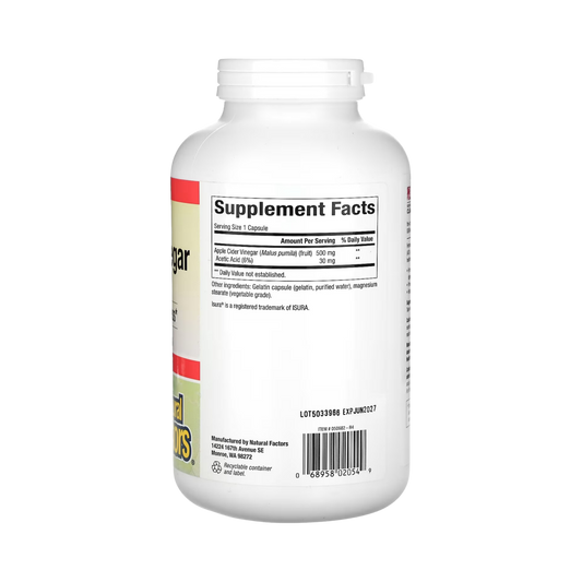 Natural Factors, Fermented Apple Cider Vinegar, 500 Mg, 360 Easy-to -Swallow Capsules