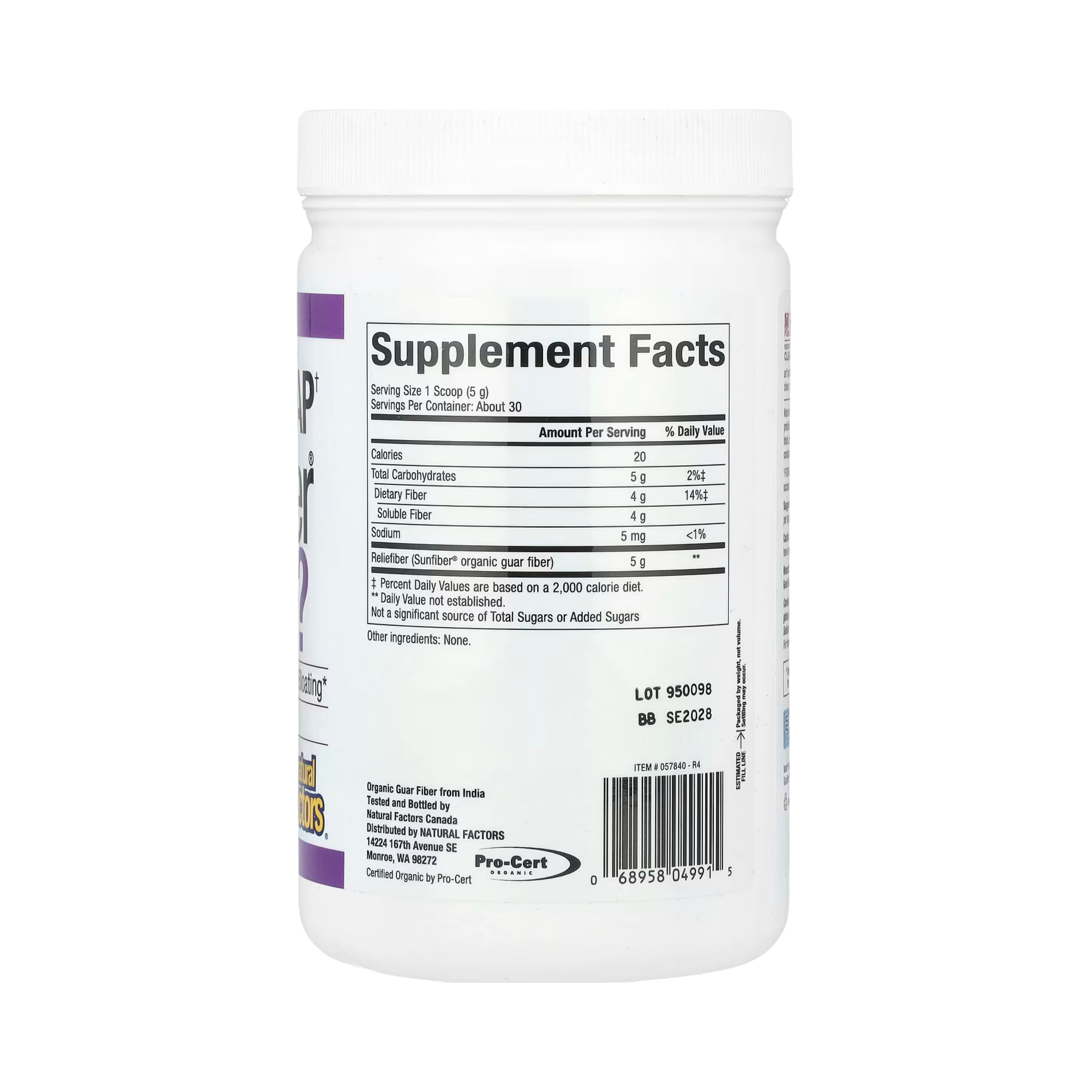 Natural Factors, Organic Low Fodmap† Reliefiber, Unflavored, 5.3 Oz