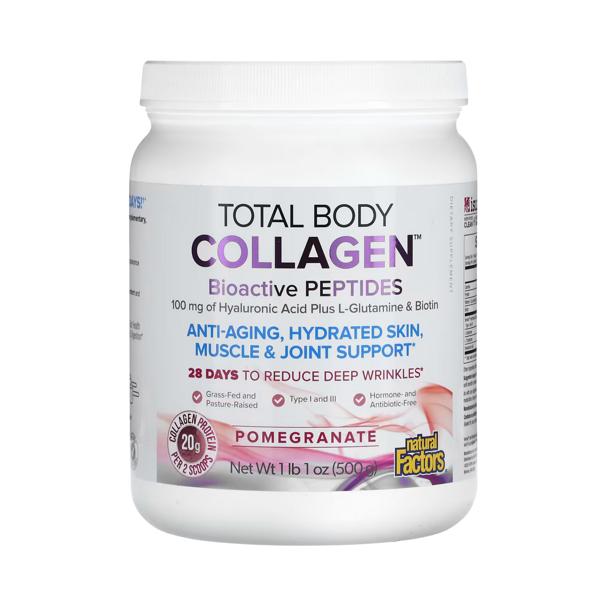 Natural Factors, Total Body Collagen, Bioactive Peptides, Pomegranate, 100 mg, 1 lb 1 oz (500 g)