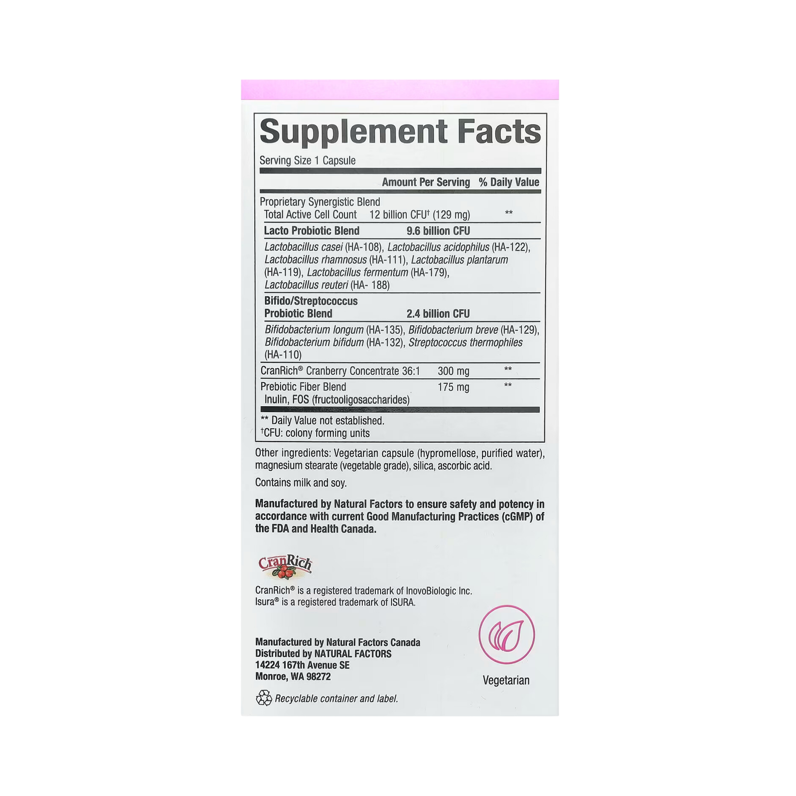 Natural Factors, Ultimate Probiotic Women's Every Day, 12 Billion, 60 Vegetarian Capsules