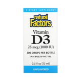 Natural Factors, Vitamin D3 Drops, Unflavored, 25 mcg (1,000 IU), 0.5 fl oz (15 ml)