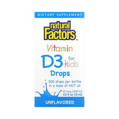 Natural Factors, Vitamin D3 Drops for Kids, Unflavored, 10 mcg (400 IU), 0.5 fl oz (15 ml)