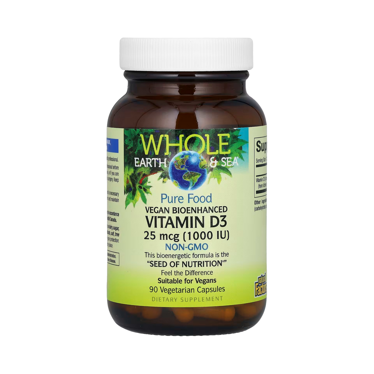Natural Factors, Whole Earth & Sea, Vegan Bioenhanced Vitamin D3, 25 mcg (1,000 IU), 90 Vegetarian Capsules