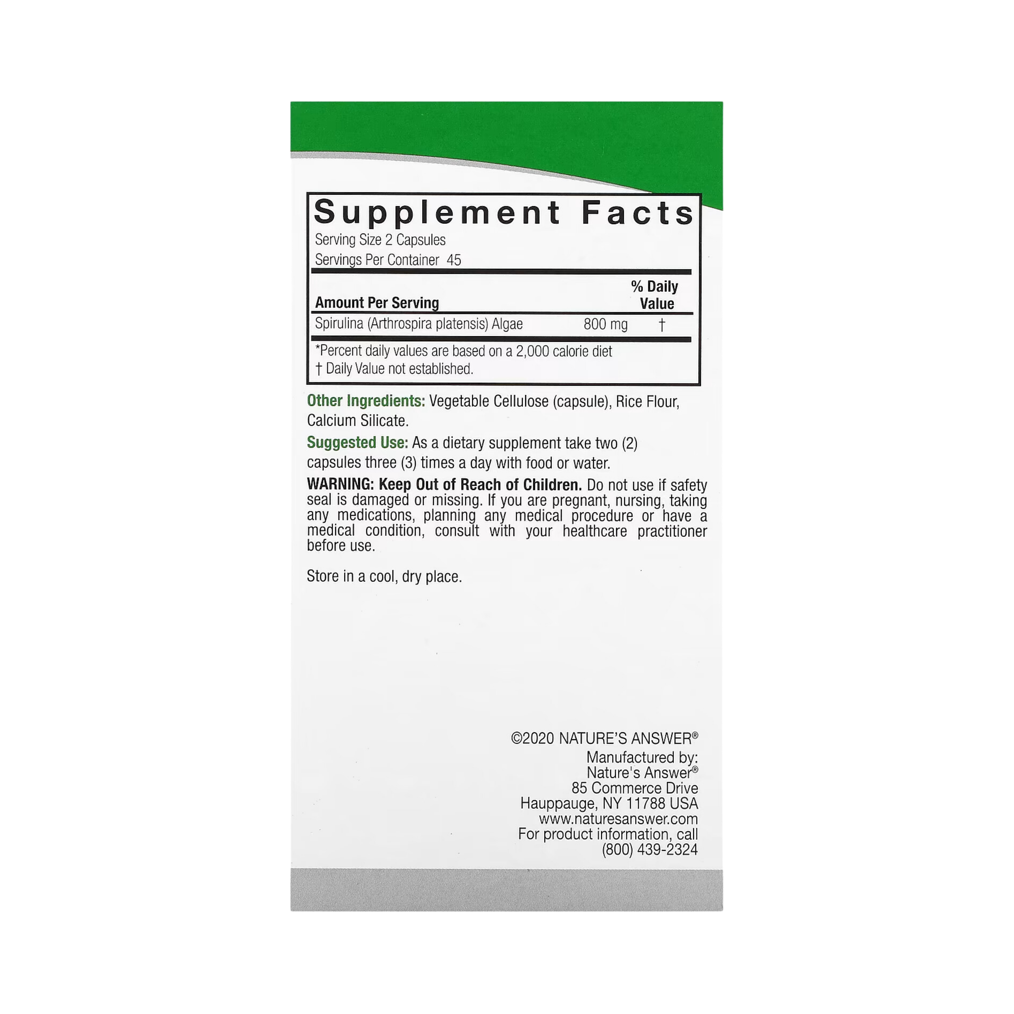 Nature's Answer - Spirulina, 90 Vegetarian Capsules