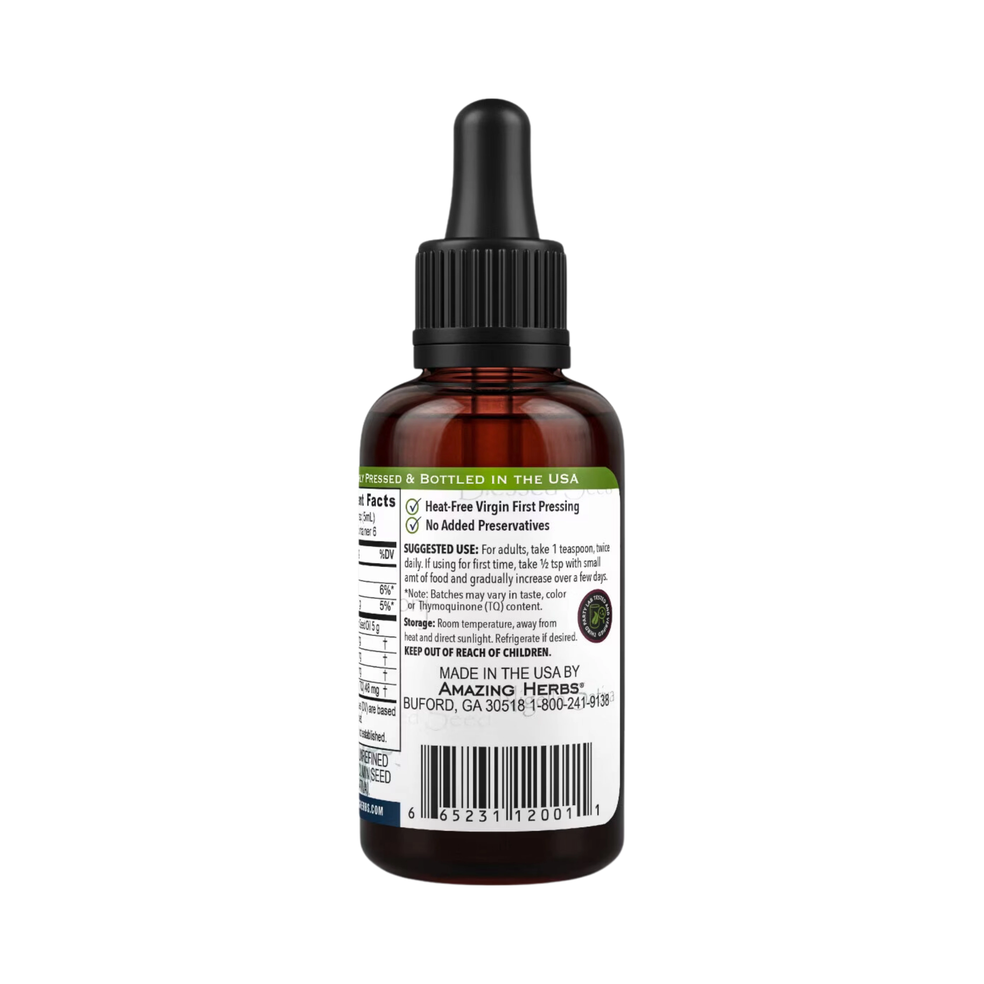 Amazing Herbs, Black Seed, 100% Pure Cold-Pressed Black Cumin Seed Oil, 1 Fl Oz