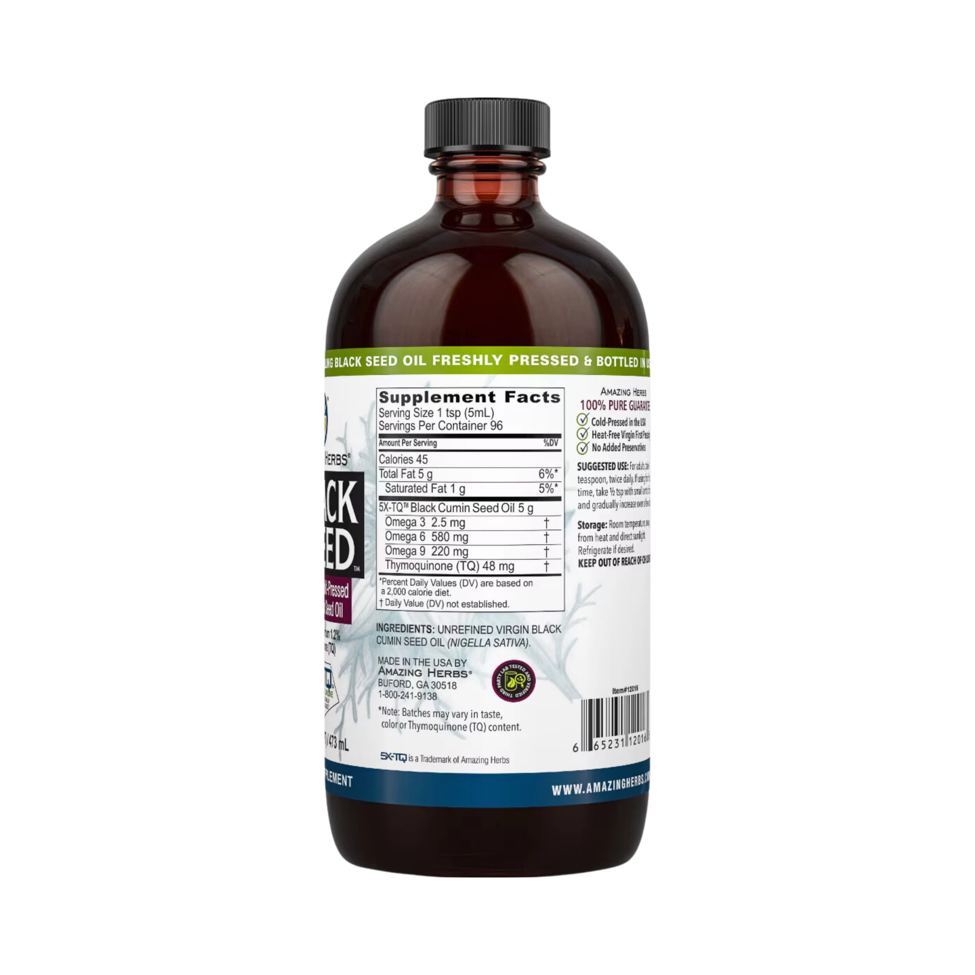 Amazing Herbs, Black Seed, 100% Pure Cold-Pressed Black Cumin Seed Oil, 16 Fl Oz