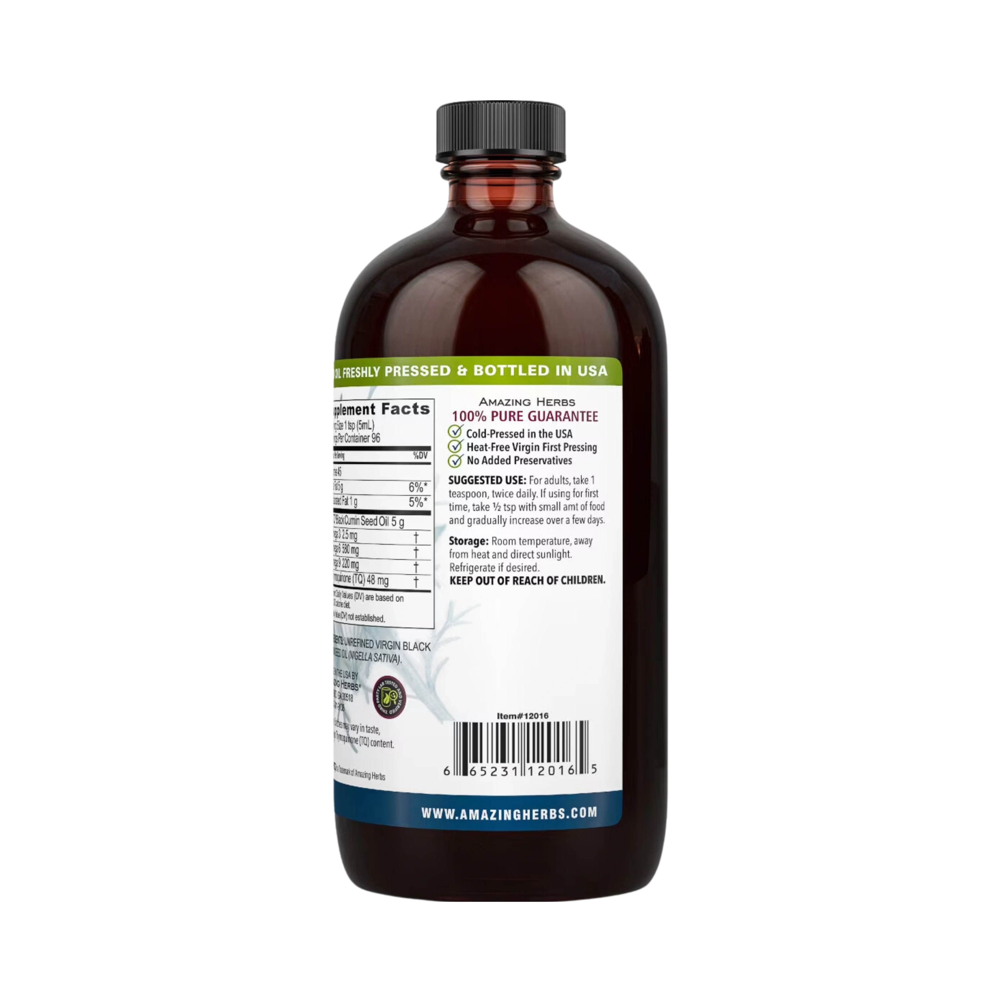 Amazing Herbs, Black Seed, 100% Pure Cold-Pressed Black Cumin Seed Oil, 16 Fl Oz