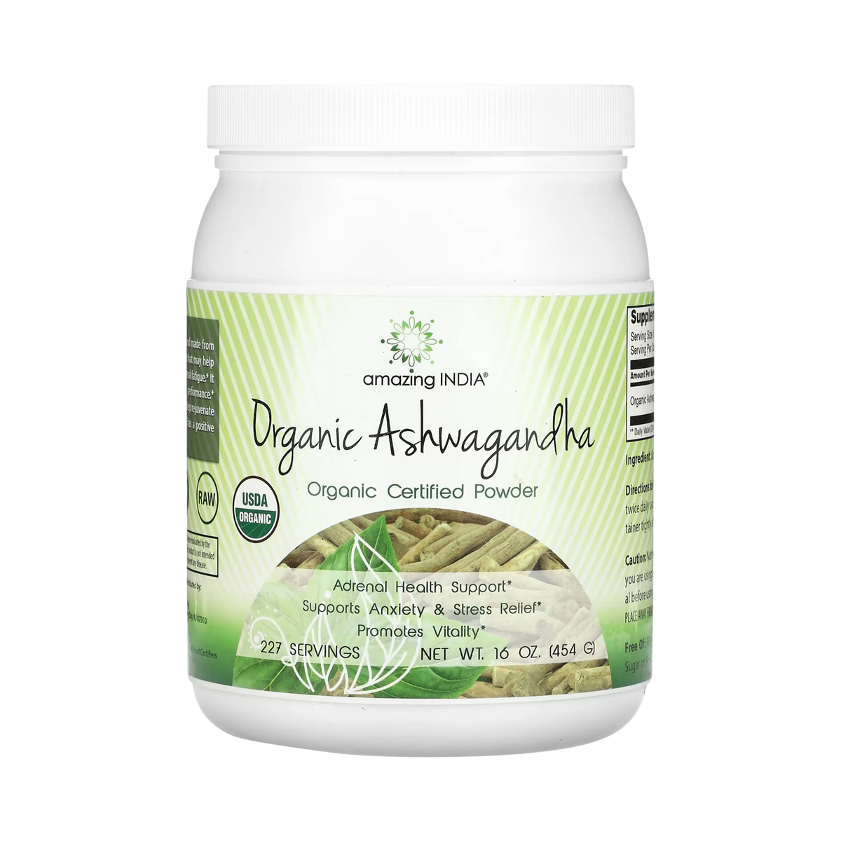 Amazing India, USDA Certified Organic Ashwagandha Powder, 16 Oz
