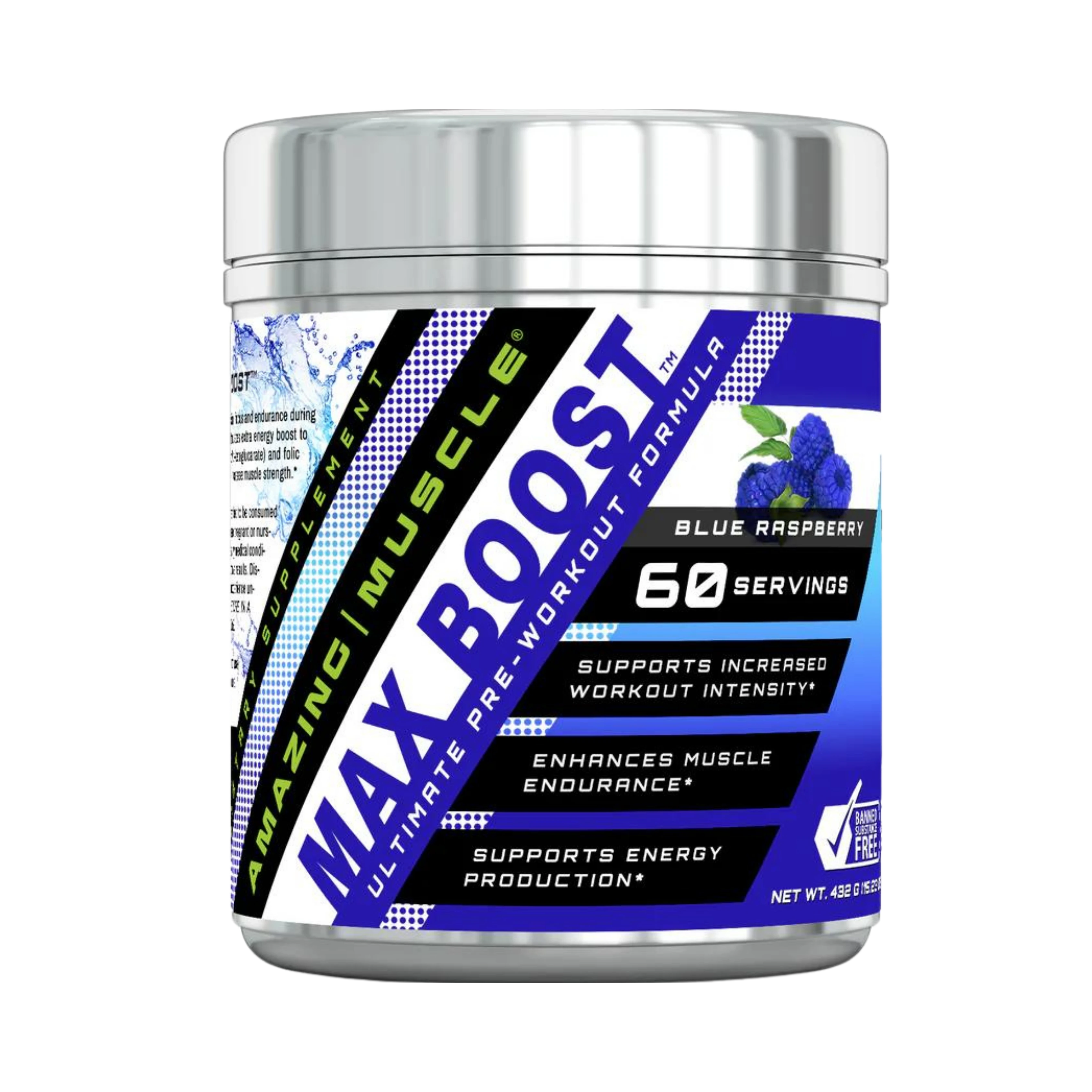 Amazing Muscle, Max Boost Advanced Pre-Workout Formula, Blue Raspberry, 60 Servings
