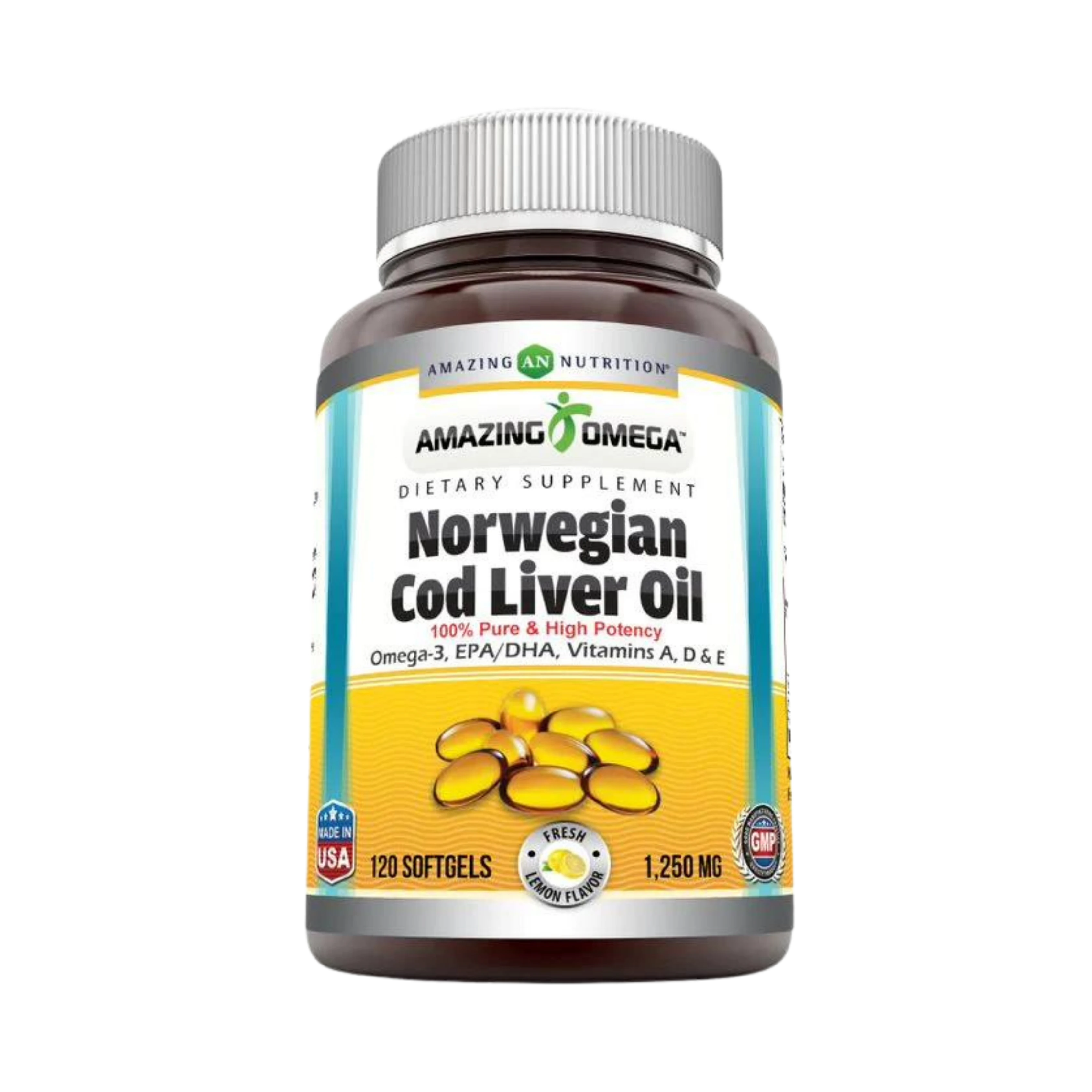 Amazing Omega, Norwegian Cod Liver Oil, Fresh lemon, 1250 Mg, 120 Softgels