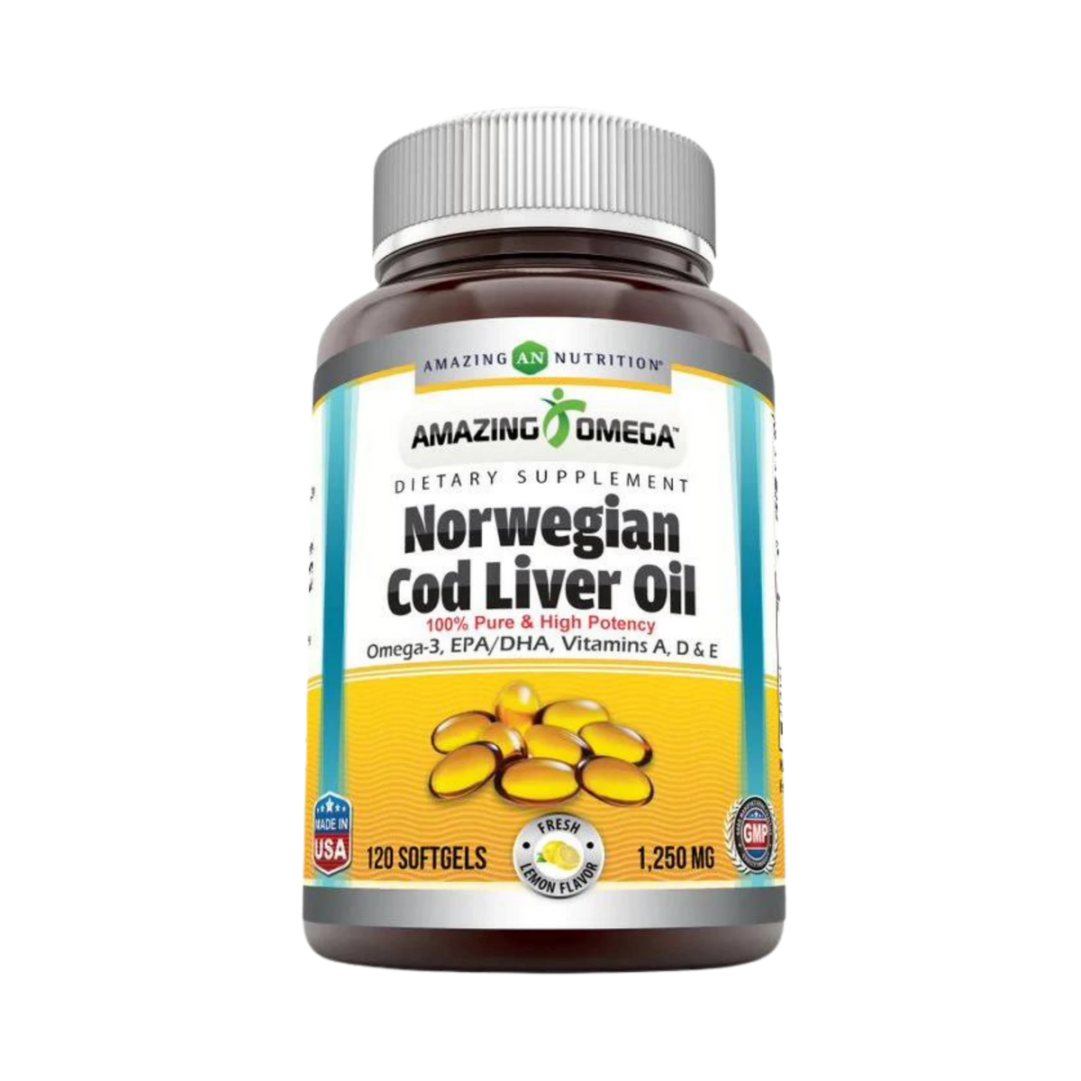 Amazing Omega, Norwegian Cod Liver Oil, Fresh lemon, 1250 Mg, 120 Softgels