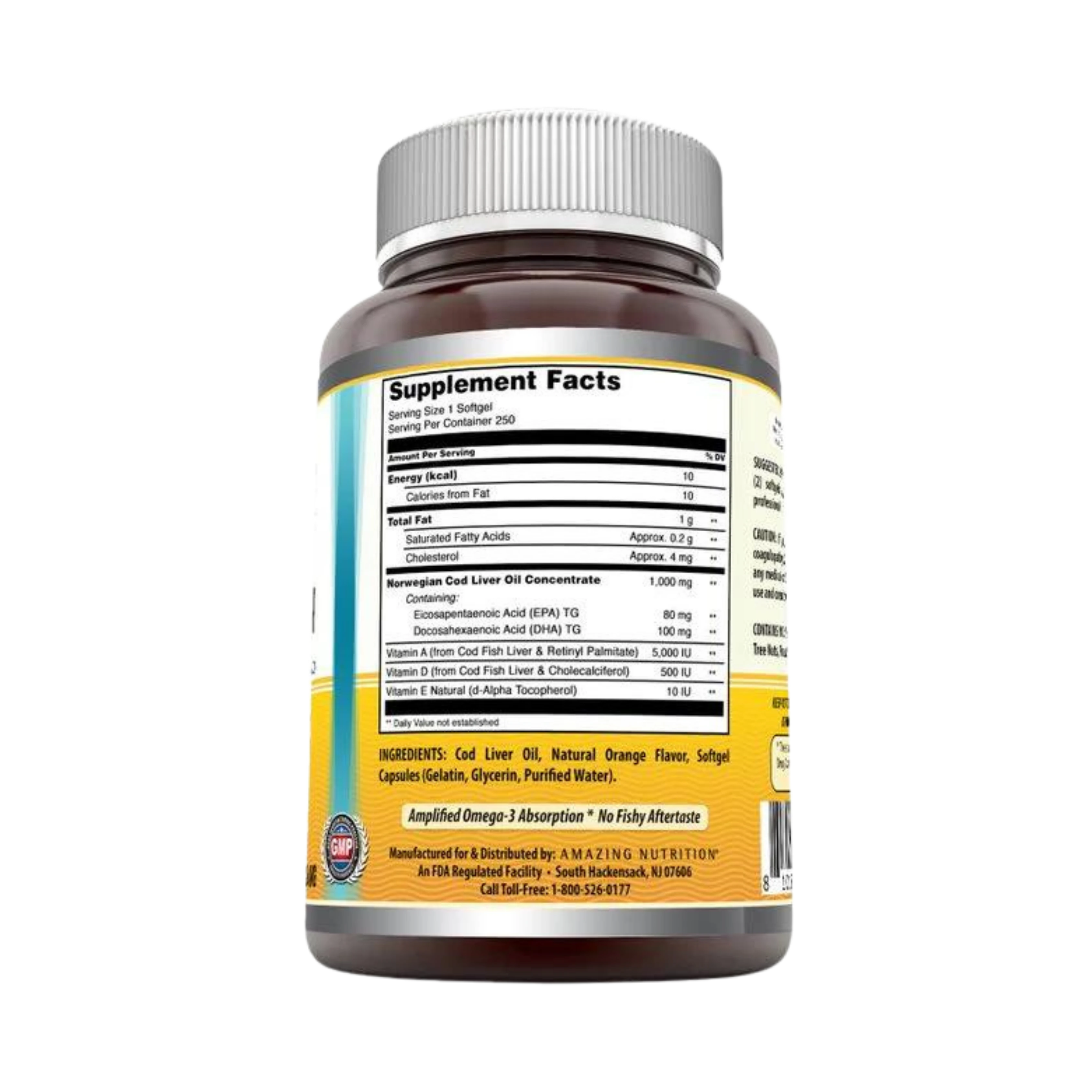 Amazing Omega, Norwegian Cod Liver Oil, Fresh Orange, 1000 Mg, 250 Softgels