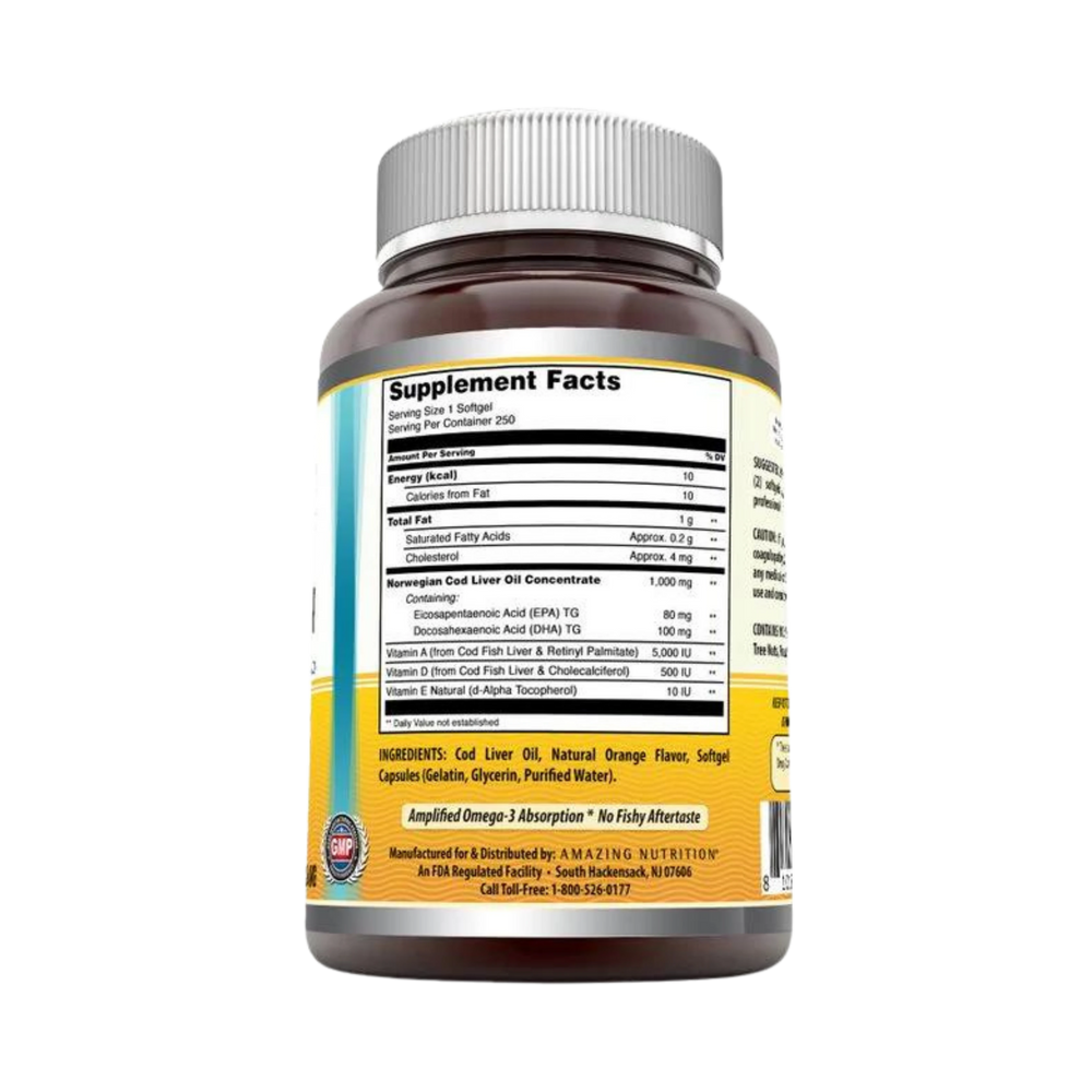 Amazing Omega, Norwegian Cod Liver Oil, Fresh Orange, 1000 Mg, 250 Softgels