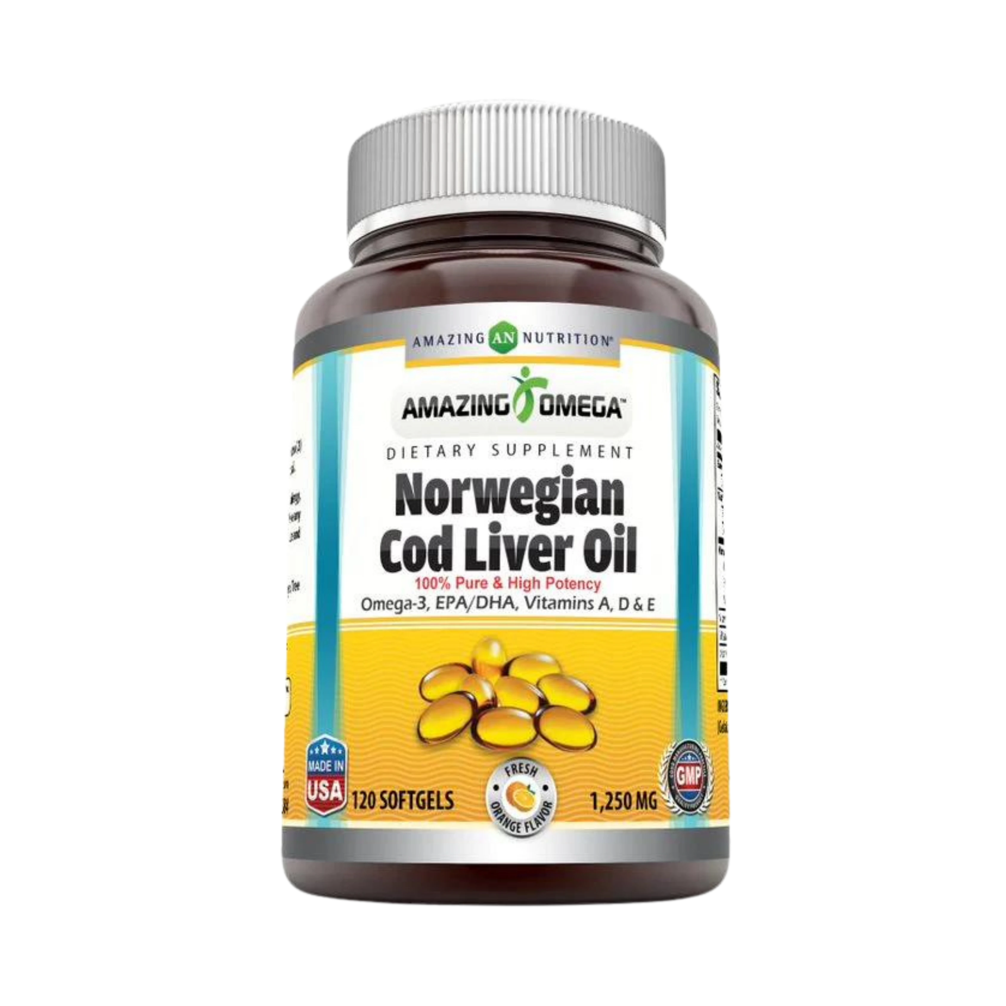 Amazing Omega, Norwegian Cod Liver Oil, Fresh Orange, 1250 Mg, 120 Softgels