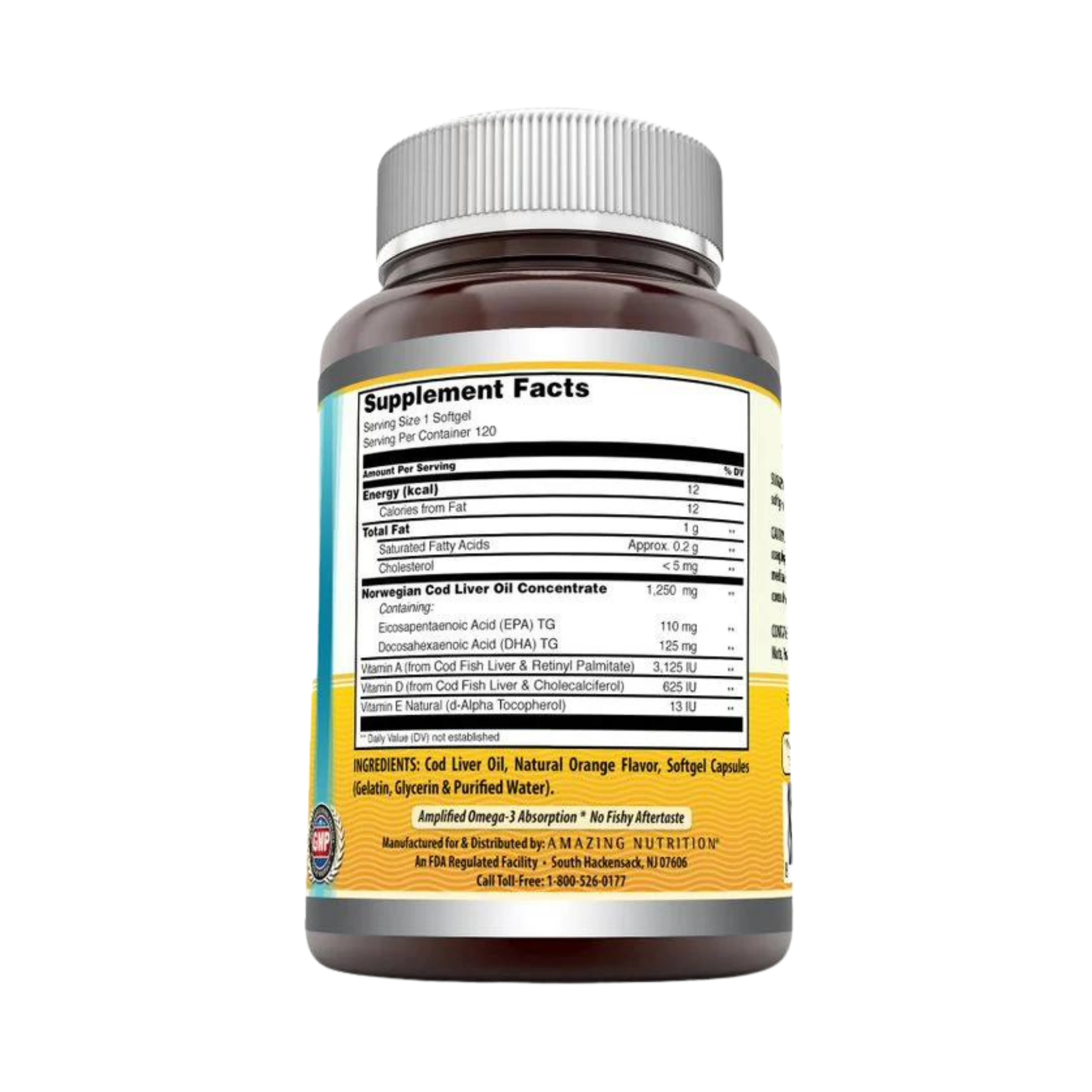 Amazing Omega, Norwegian Cod Liver Oil, Fresh Orange, 1250 Mg, 120 Softgels
