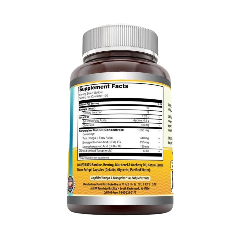 Amazing Omega, Norwegian Fish Oil, Lemon Flavor, 1250 Mg, 120 Softgels