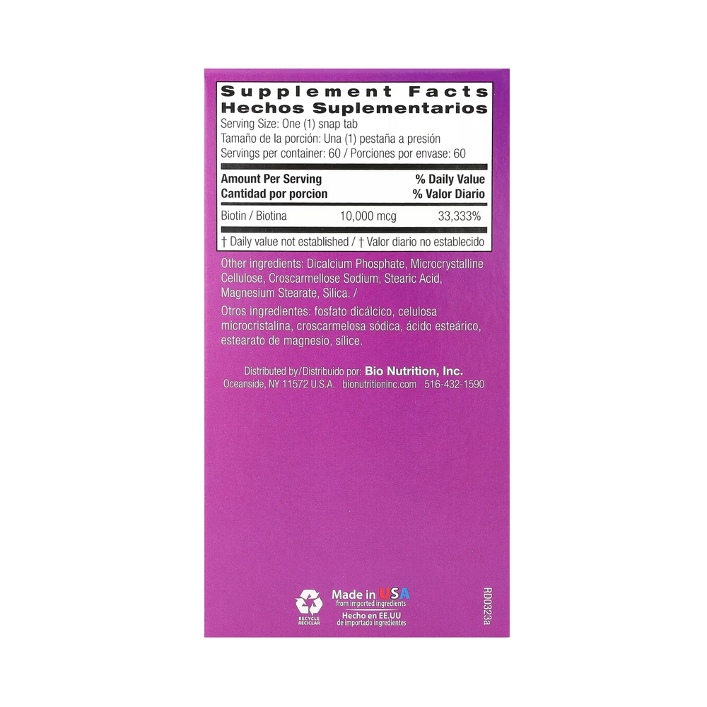 Bio Nutrition, Biotin, Maximum Strength, 10,000 Mcg, 60 Snap Tabs