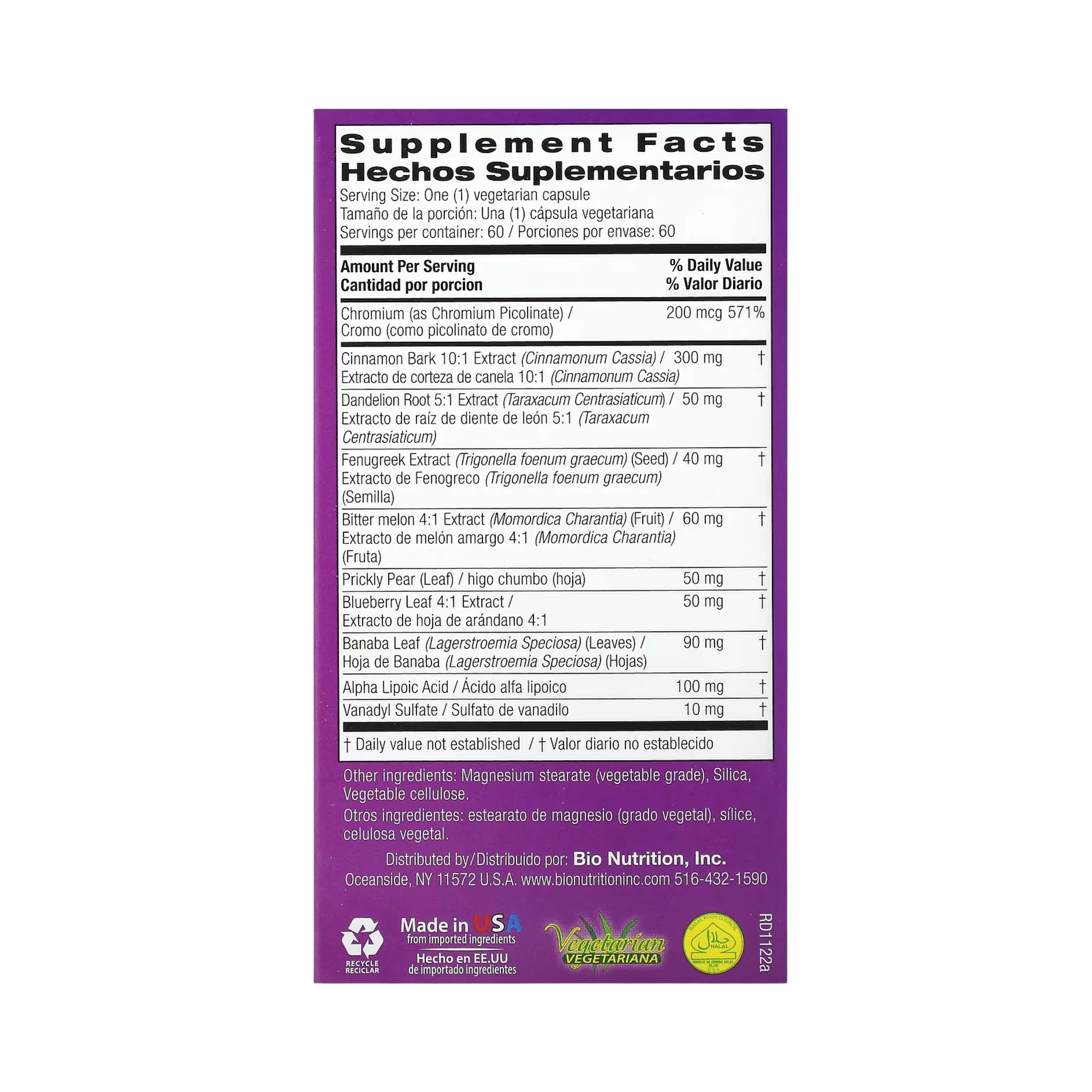 Bio Nutrition, Blood Sugar Wellness, 60 Vegetarian Capsules