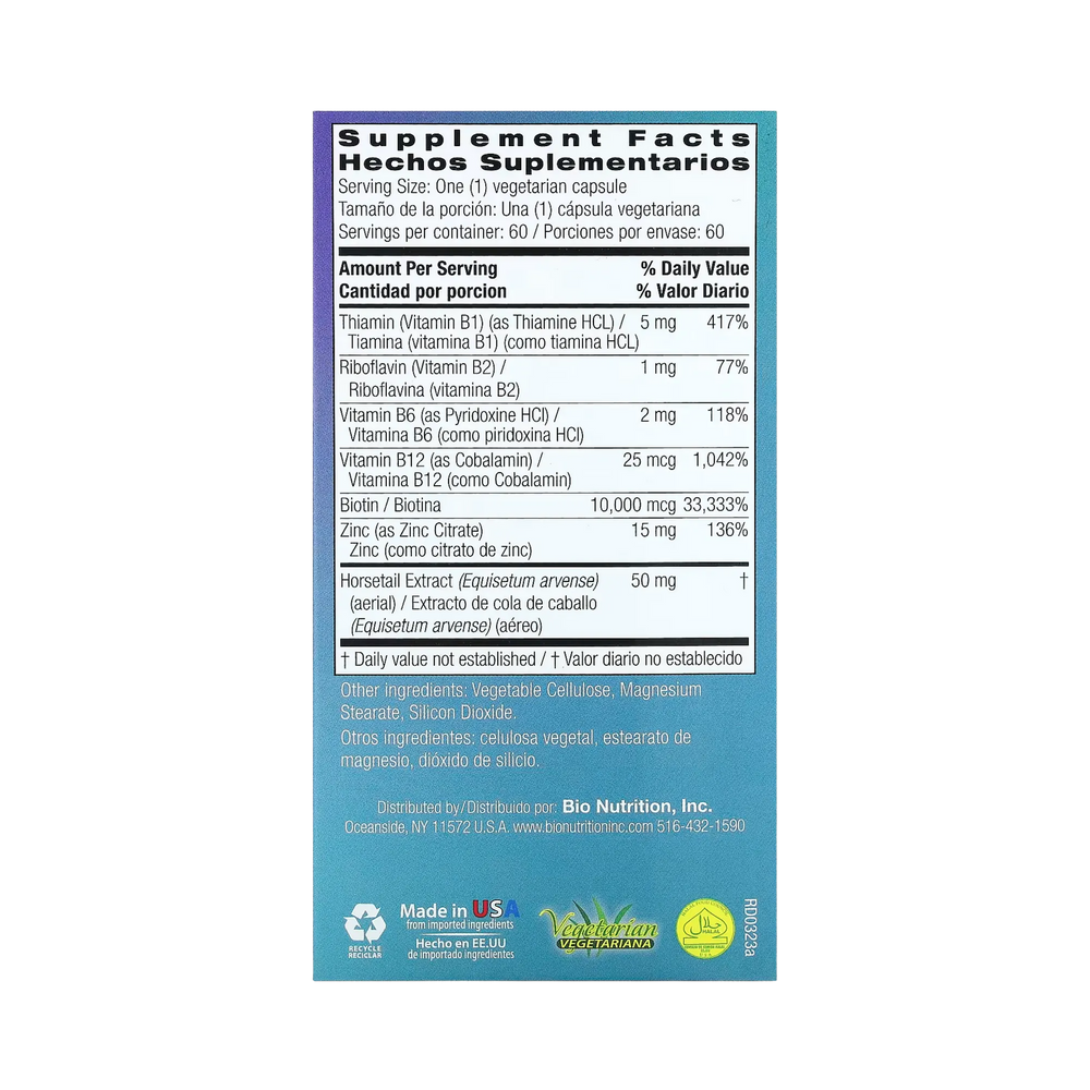 Bio Nutrition, Healthy Hair with Biotin 10,000 Plus, 60 Vegetarian Capsules