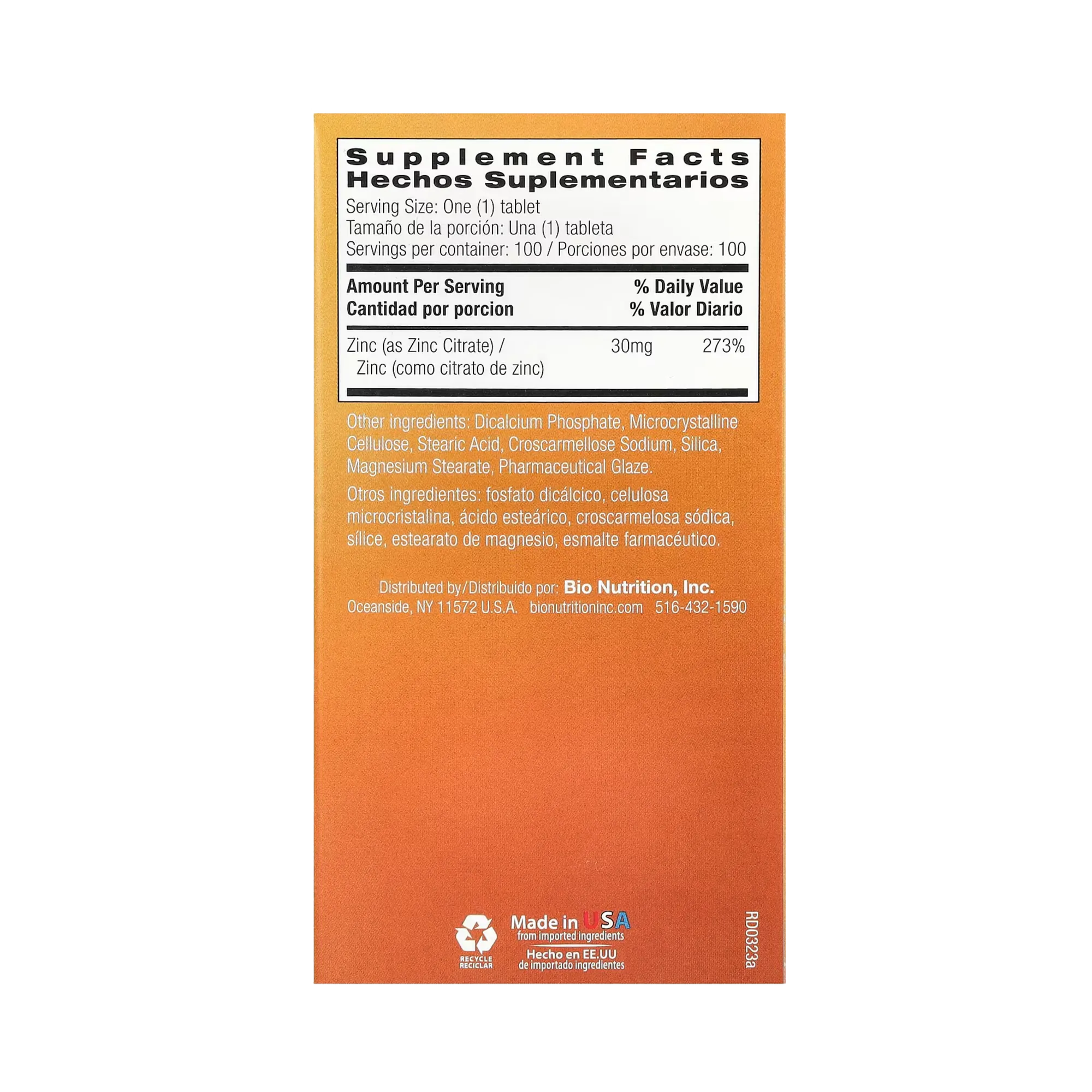 Bio Nutrition, Zinc Citrate, 30 Mg, 100 Tablets