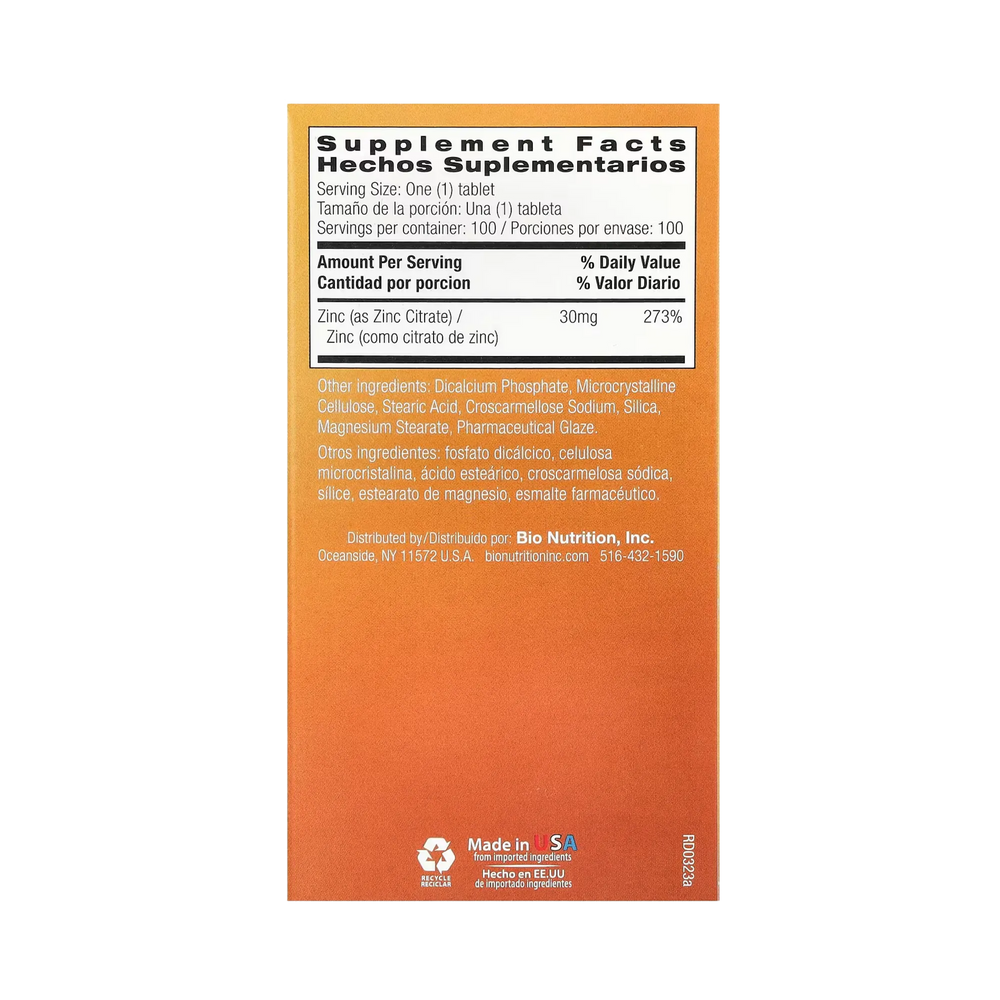 Bio Nutrition, Zinc Citrate, 30 Mg, 100 Tablets