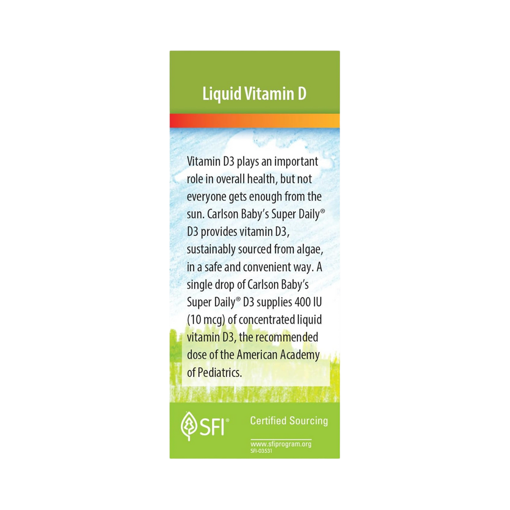 Carlson, Baby's Plant-Based Super Daily D3, Baby Vegetarian Liquid Vitamin D Drops, 90 Drops