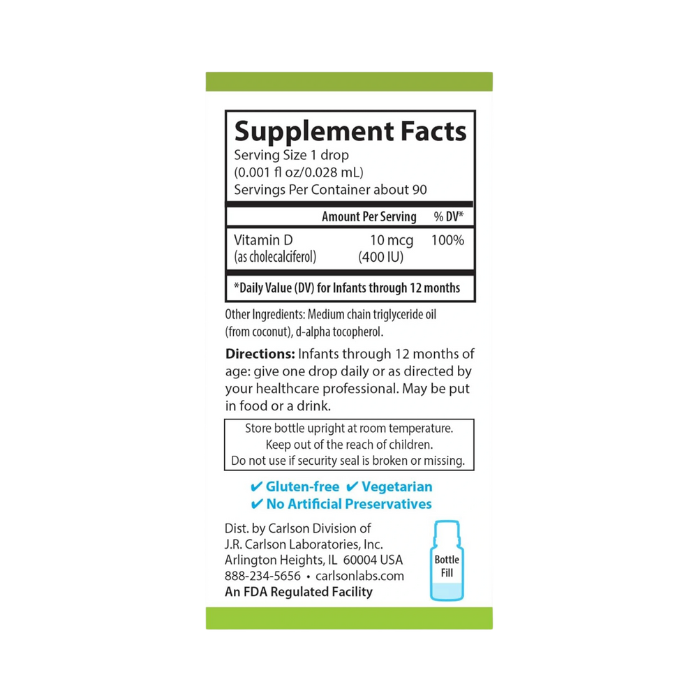 Carlson, Baby's Plant-Based Super Daily D3, Baby Vegetarian Liquid Vitamin D Drops, 90 Drops
