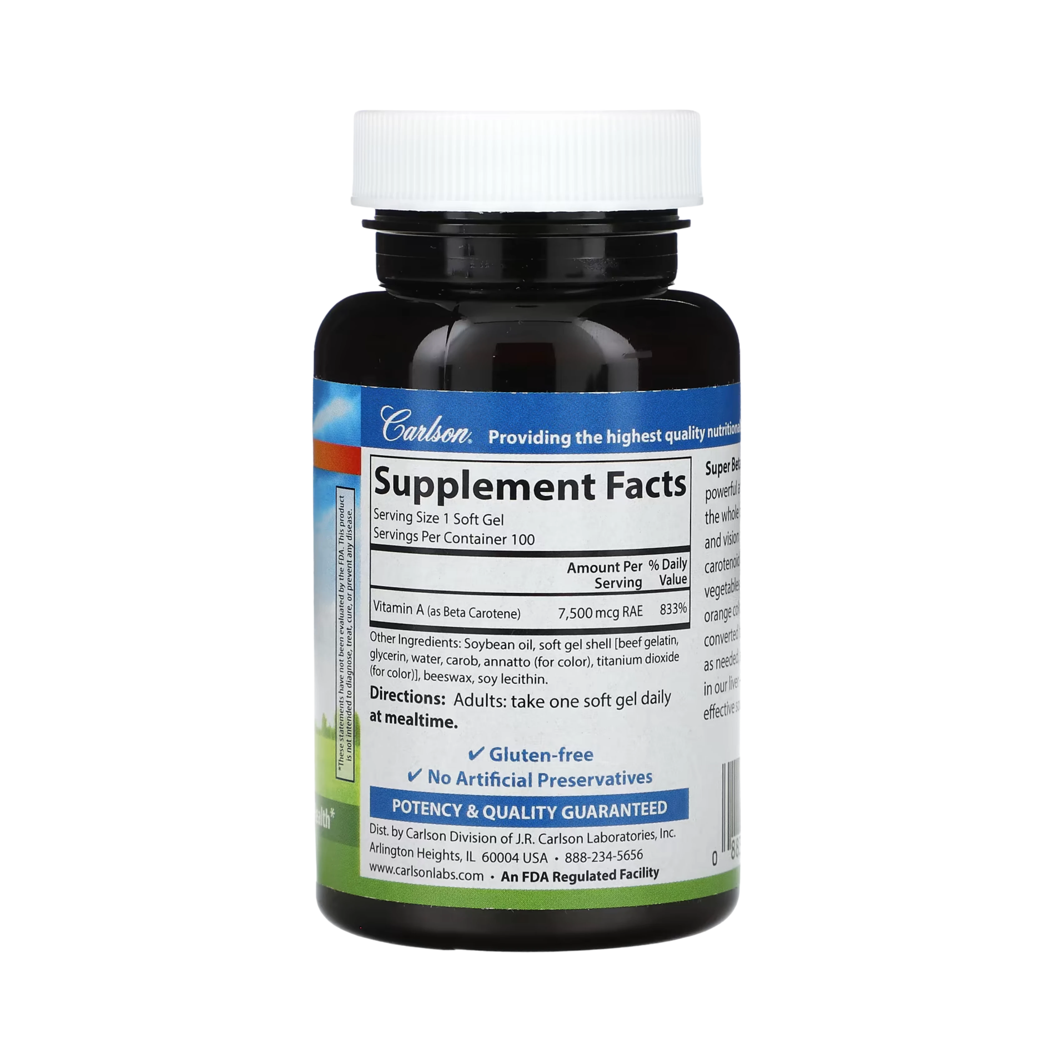 Carlson, Super Beta Carotene, 7,500 Mcg RAE (25,000 IU), 100 Soft Gels