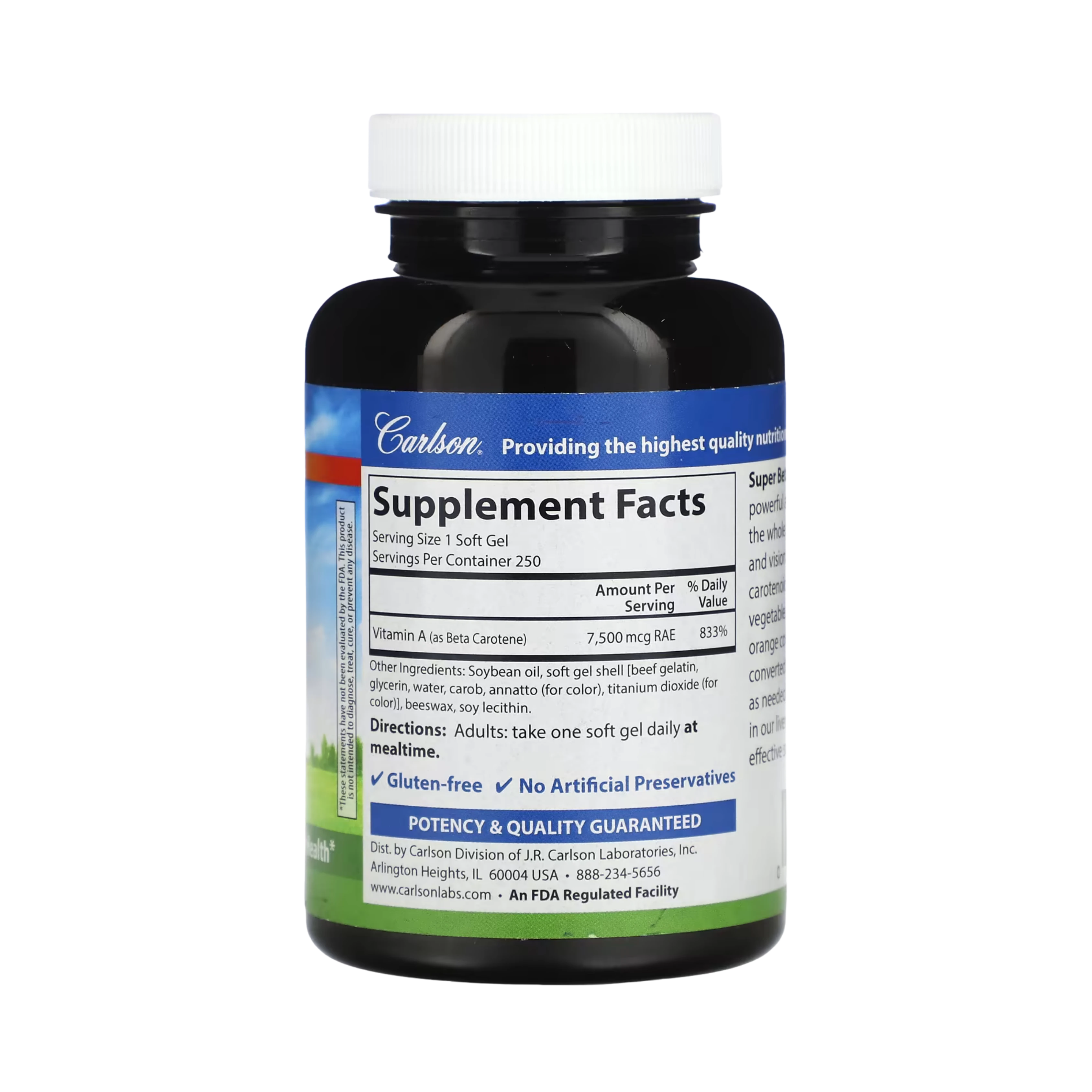 Carlson, Super Beta Carotene, 7,500 Mcg RAE (25,000 IU), 250 Soft Gels