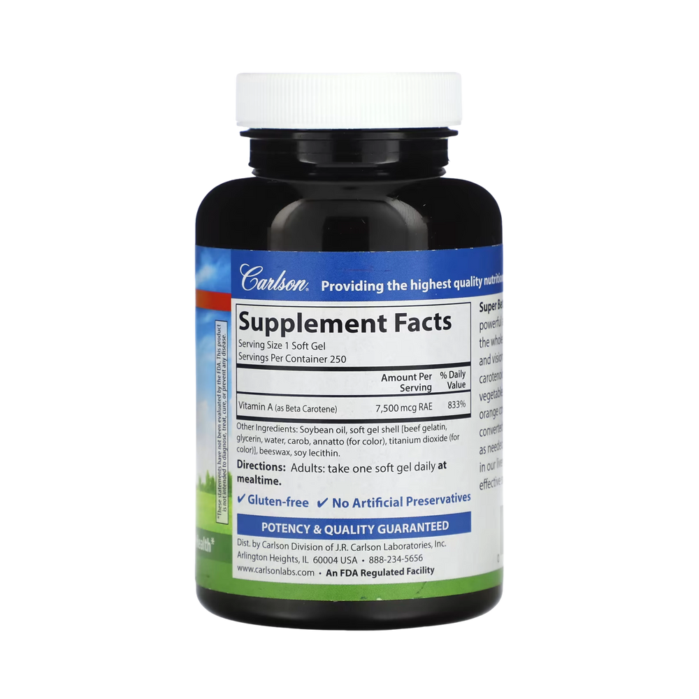 Carlson, Super Beta Carotene, 7,500 Mcg RAE (25,000 IU), 250 Soft Gels