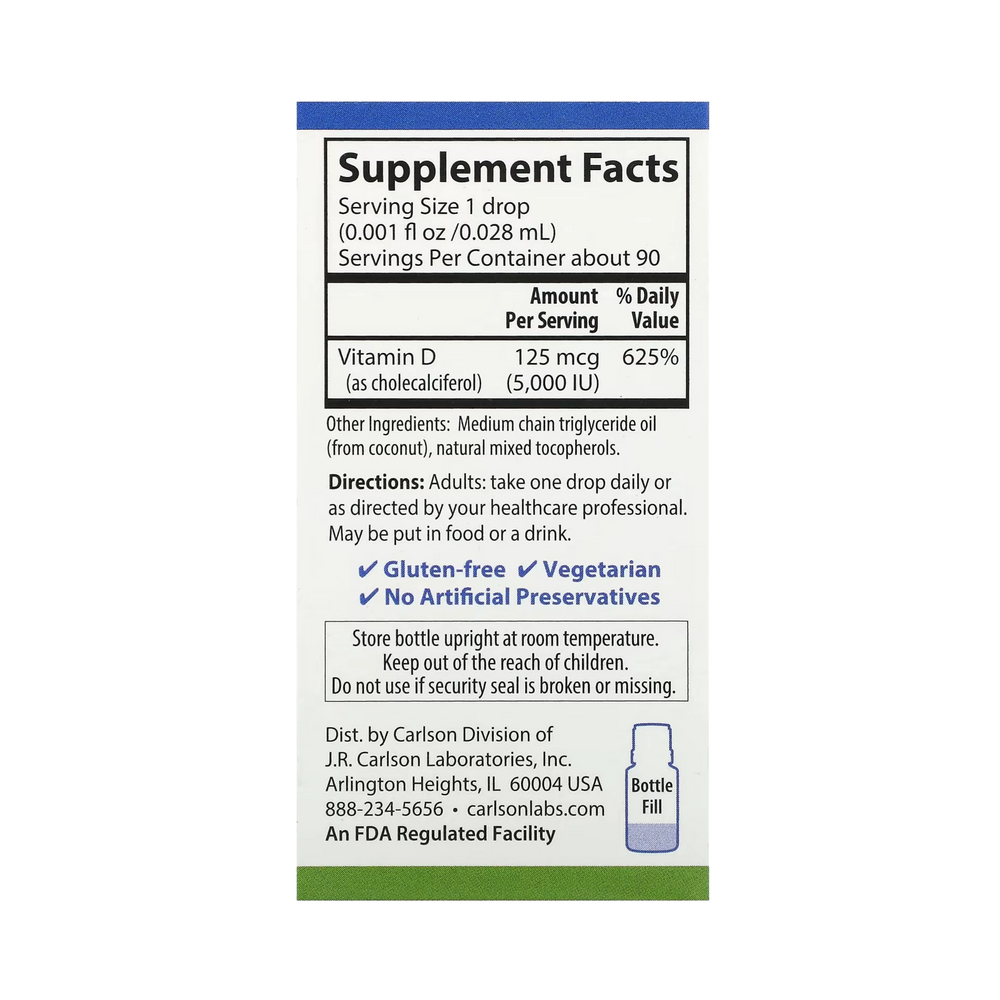 Carlson, Super Daily, D3, 125 Mcg (5,000 IU), 0.086 Fl Oz