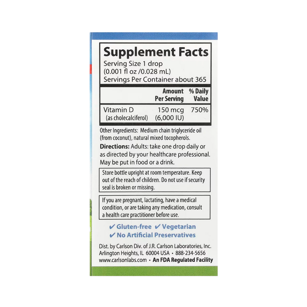 Carlson, Super Daily D3, 150 Mcg (6,000 IU), 0.35 Fl Oz