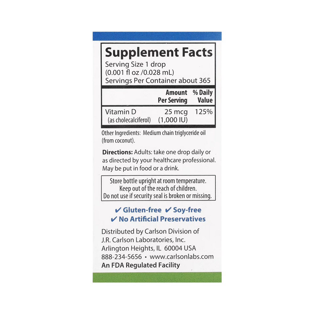 Carlson, Super Daily D3, 25 Mcg (1,000 IU), 0.35 Fl Oz