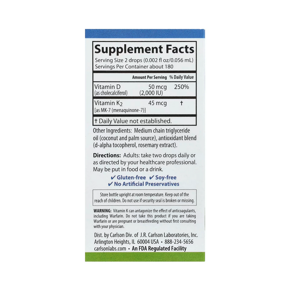 Carlson, Super Daily D3 + K2, 0.34 Fl Oz