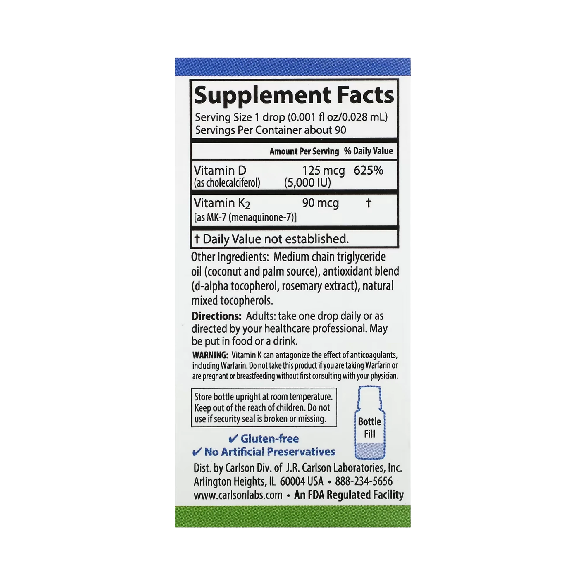 Carlson, Super Daily D3 + K2, 125 Mcg (5,000 IU) & 90 Mcg, 0.086 Fl Oz