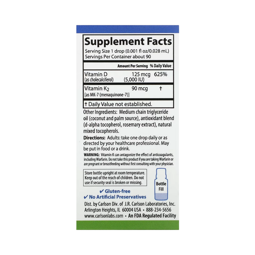 Carlson, Super Daily D3 + K2, 125 Mcg (5,000 IU) & 90 Mcg, 0.086 Fl Oz