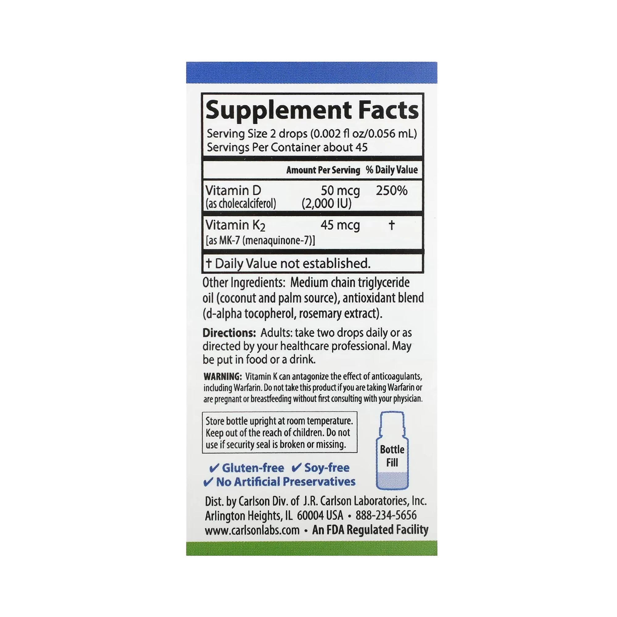 Carlson, Super Daily D3 + K2, 50 mcg (2,000 IU) & 45 Mcg, 0.086 Fl Oz