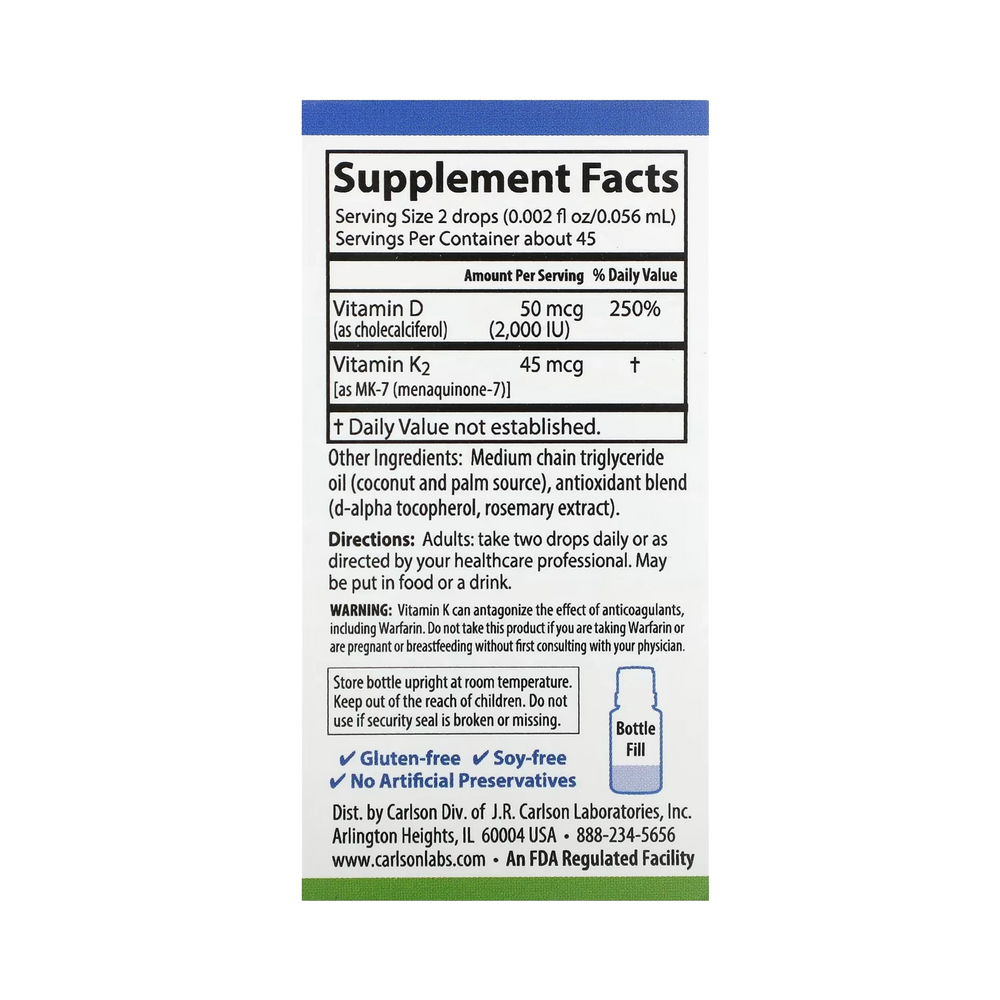 Carlson, Super Daily D3 + K2, 50 mcg (2,000 IU) & 45 Mcg, 0.086 Fl Oz