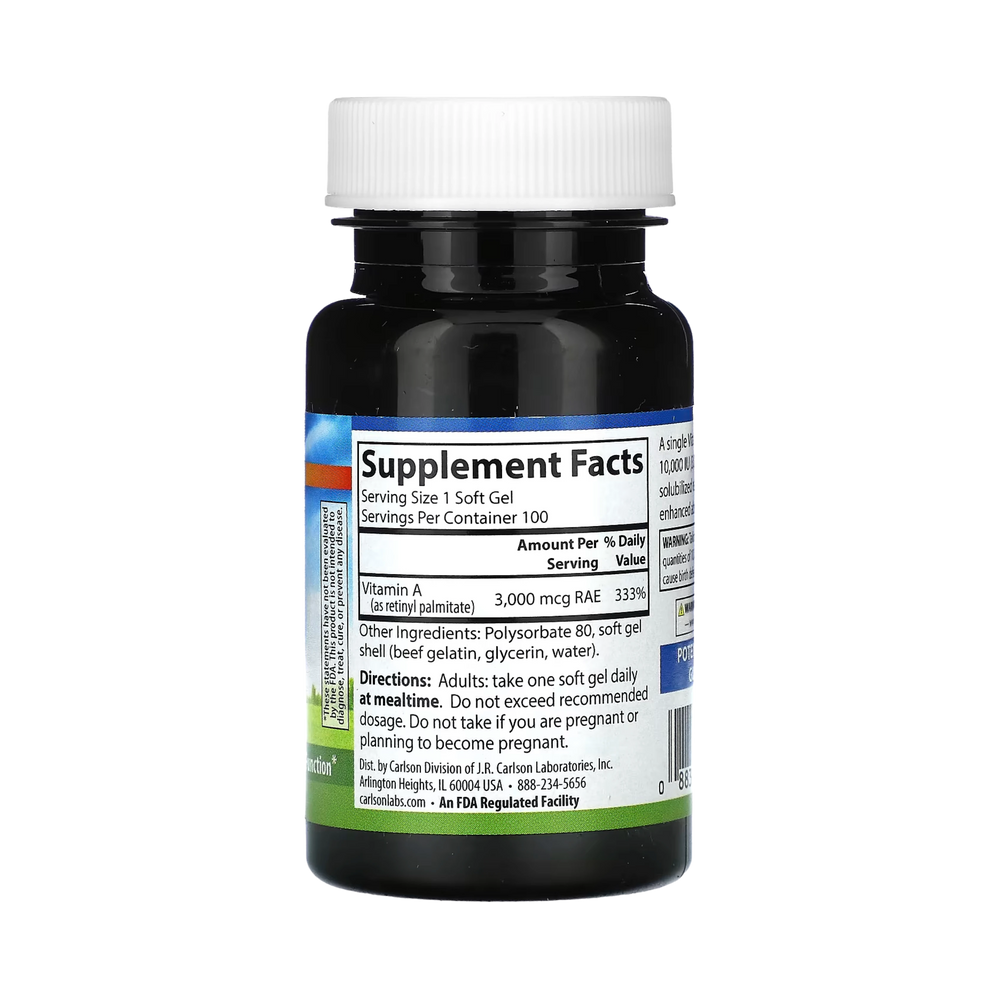 Carlson, Vitamin A, 3,000 Mcg RAE (10,000 IU), 100 Soft Gels