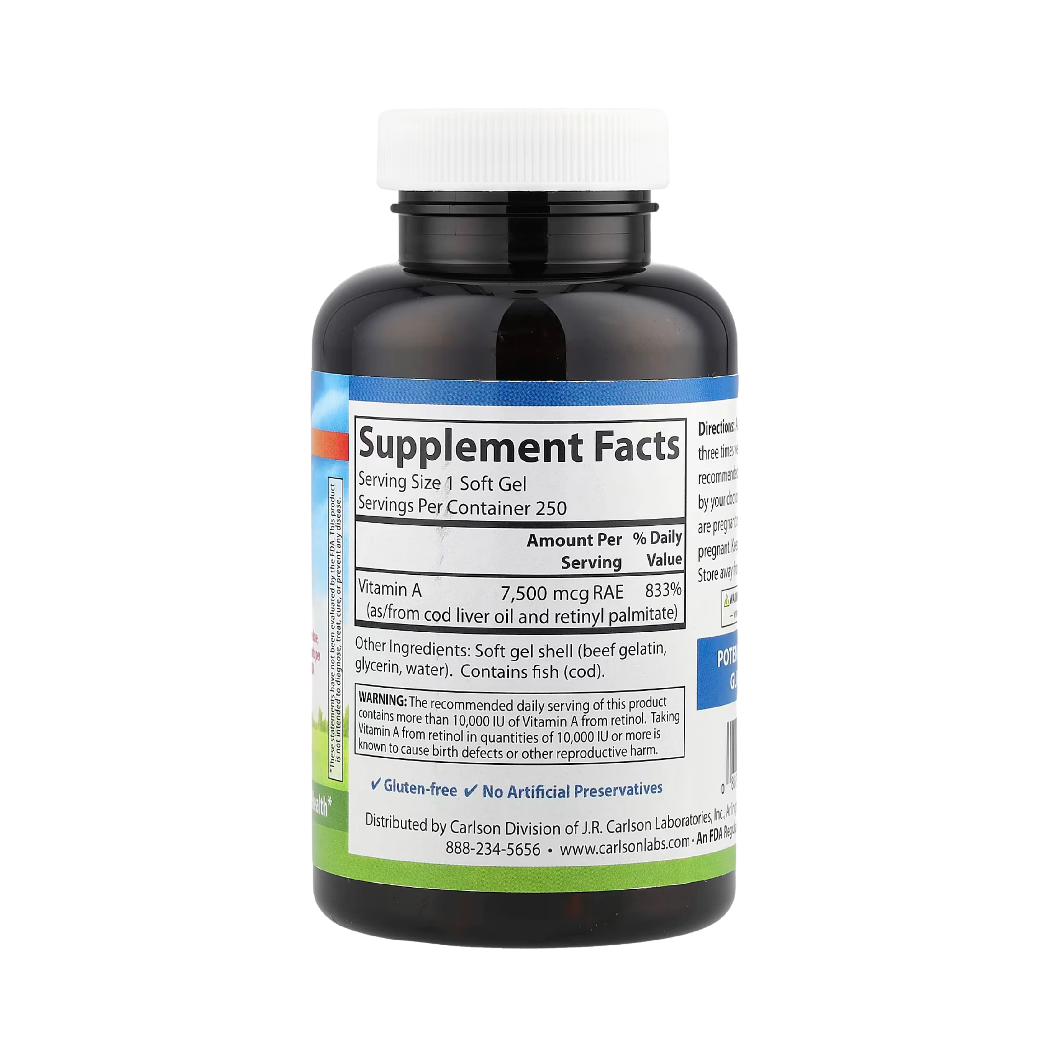Carlson, Vitamin A, 7,500 Mcg RAE (25,000 IU), 250 Soft Gels