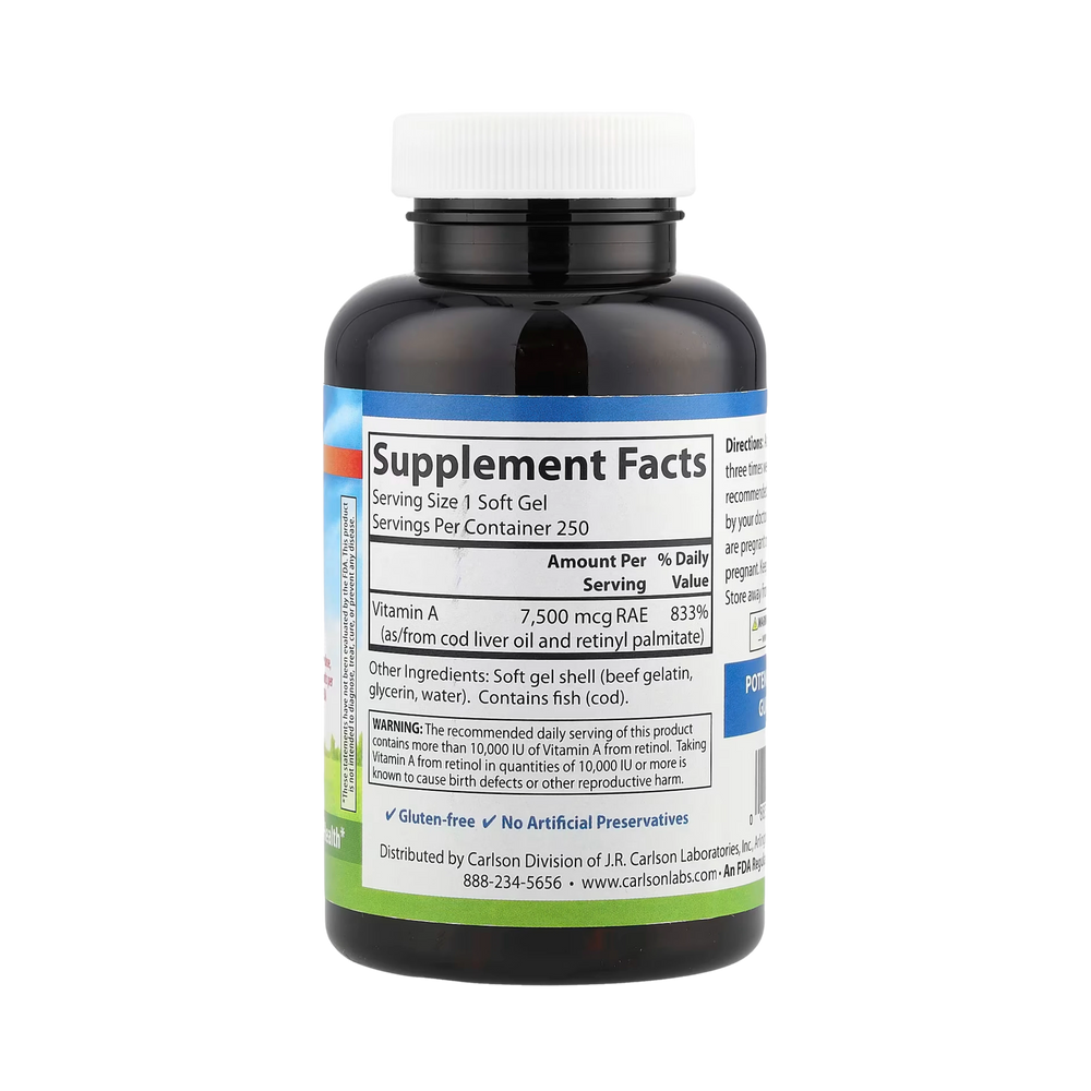 Carlson, Vitamin A, 7,500 Mcg RAE (25,000 IU), 250 Soft Gels