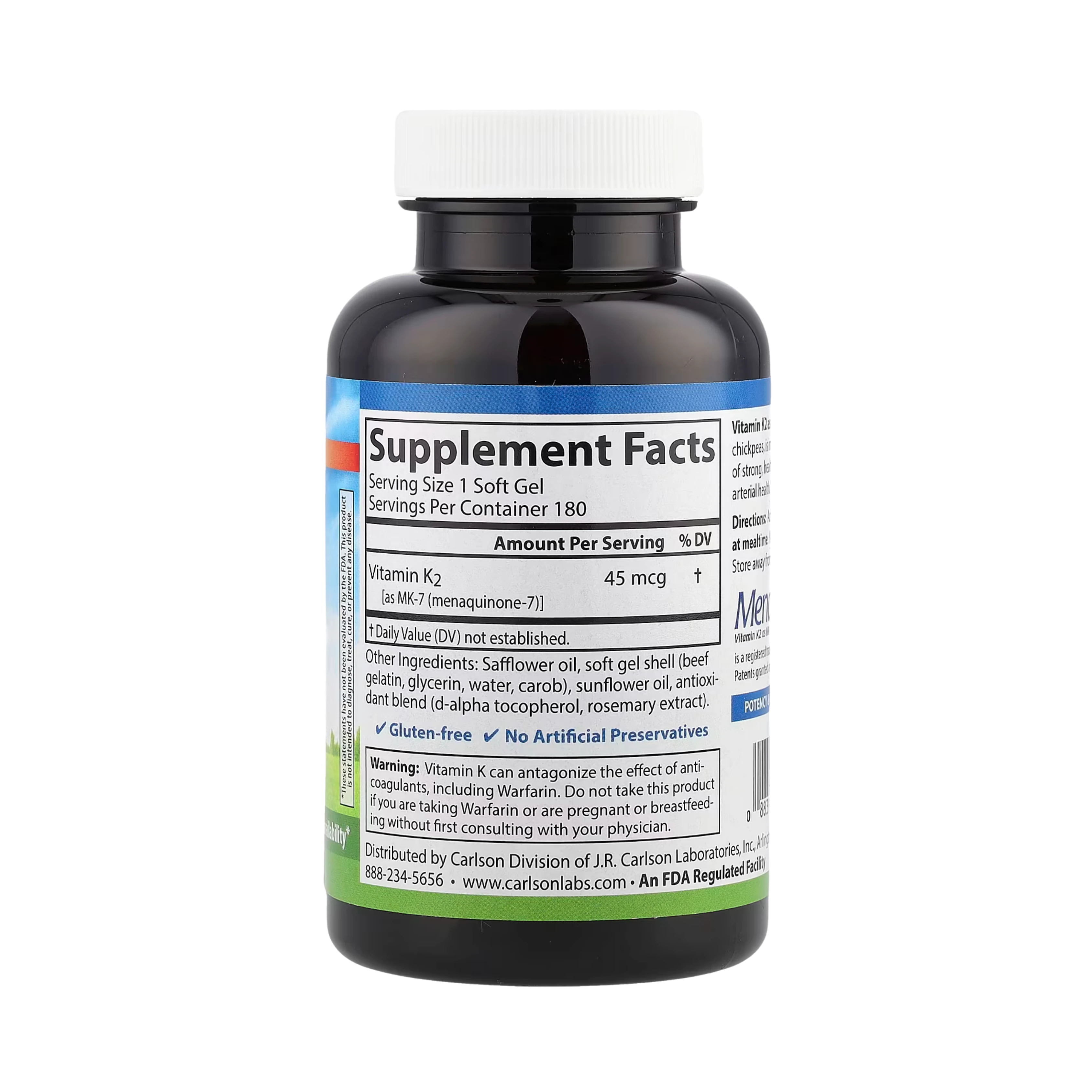 Carlson, Vitamin K2, MK-7 (Menaquinone-7), 45 Mcg, 180 Soft Gels
