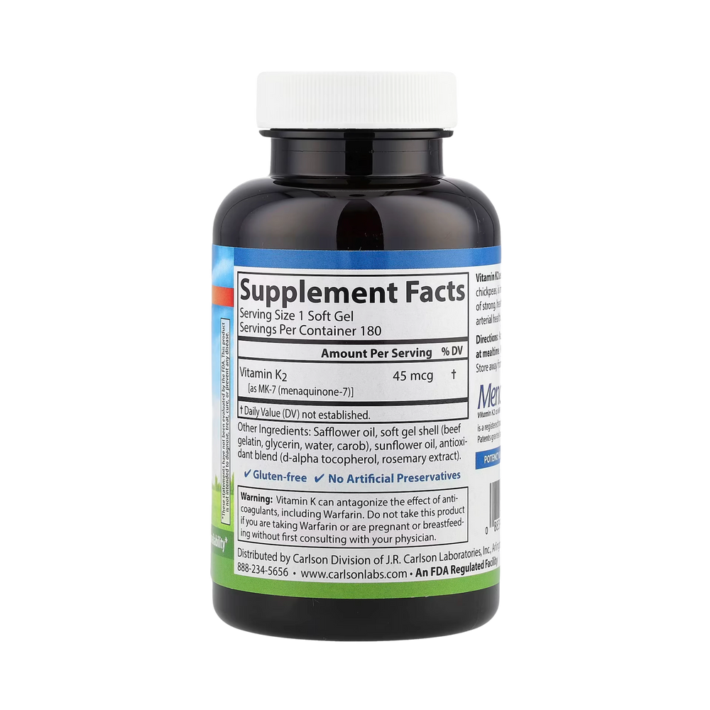 Carlson, Vitamin K2, MK-7 (Menaquinone-7), 45 Mcg, 180 Soft Gels
