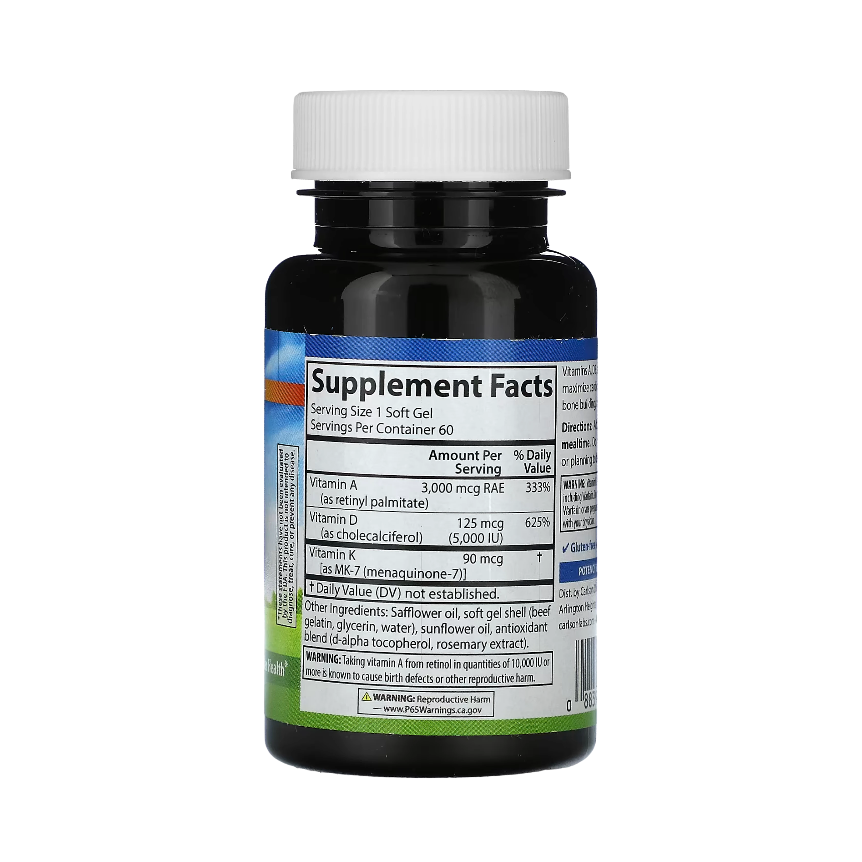 Carlson, Vitamins A - D3 - K2, 60 Soft Gels