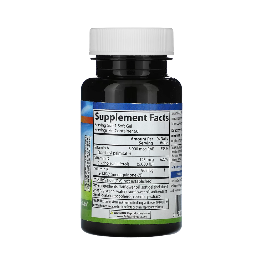 Carlson, Vitamins A - D3 - K2, 60 Soft Gels