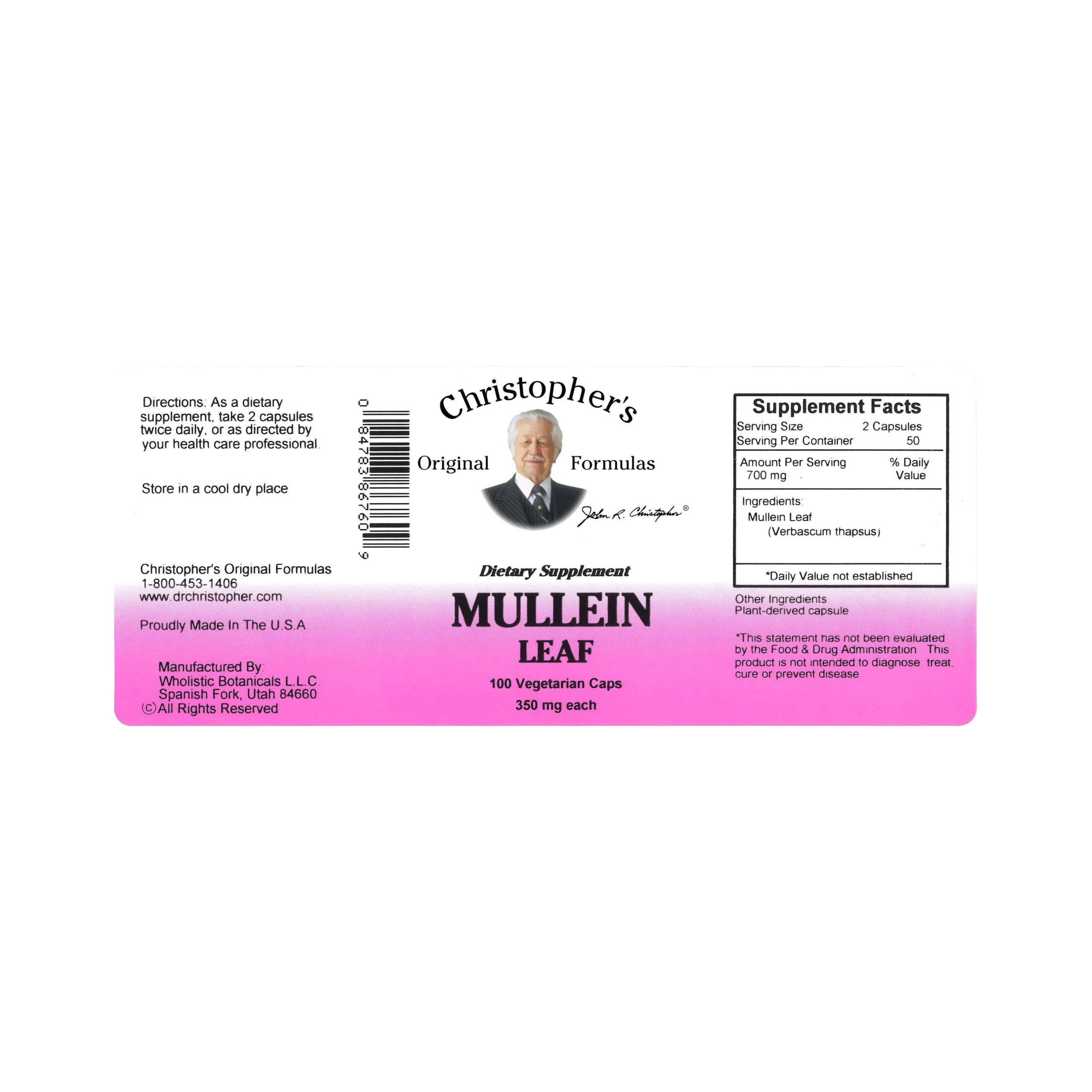 Christopher's Original Formulas, Mullein Leaf, 100 Capsules