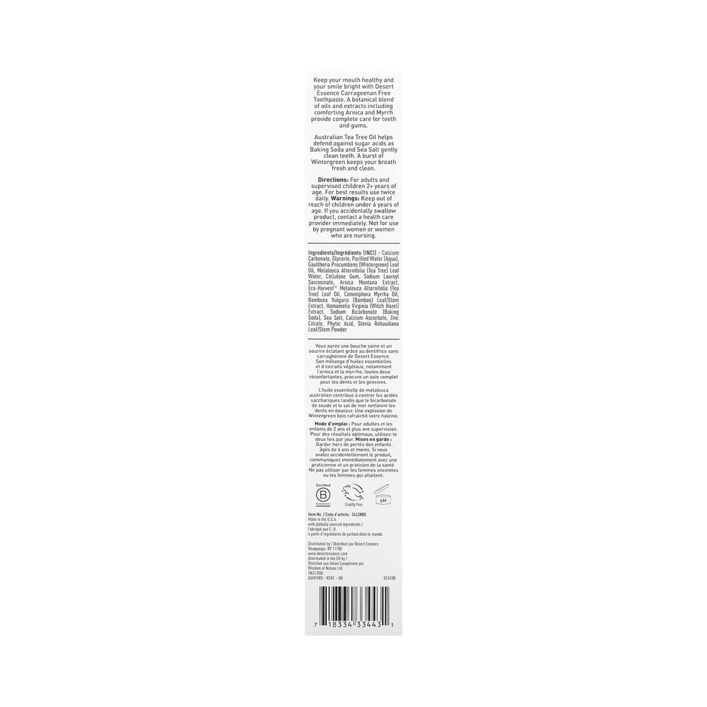 Desert Essence, Arnica & Tea Tree Oil Carrageenan Free Toothpaste, 6.25 Oz