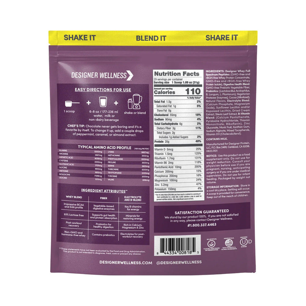 Designer Wellness, Designer Whey, Natural 100% Whey Protein Powder, Double Chocolate, 908 g
