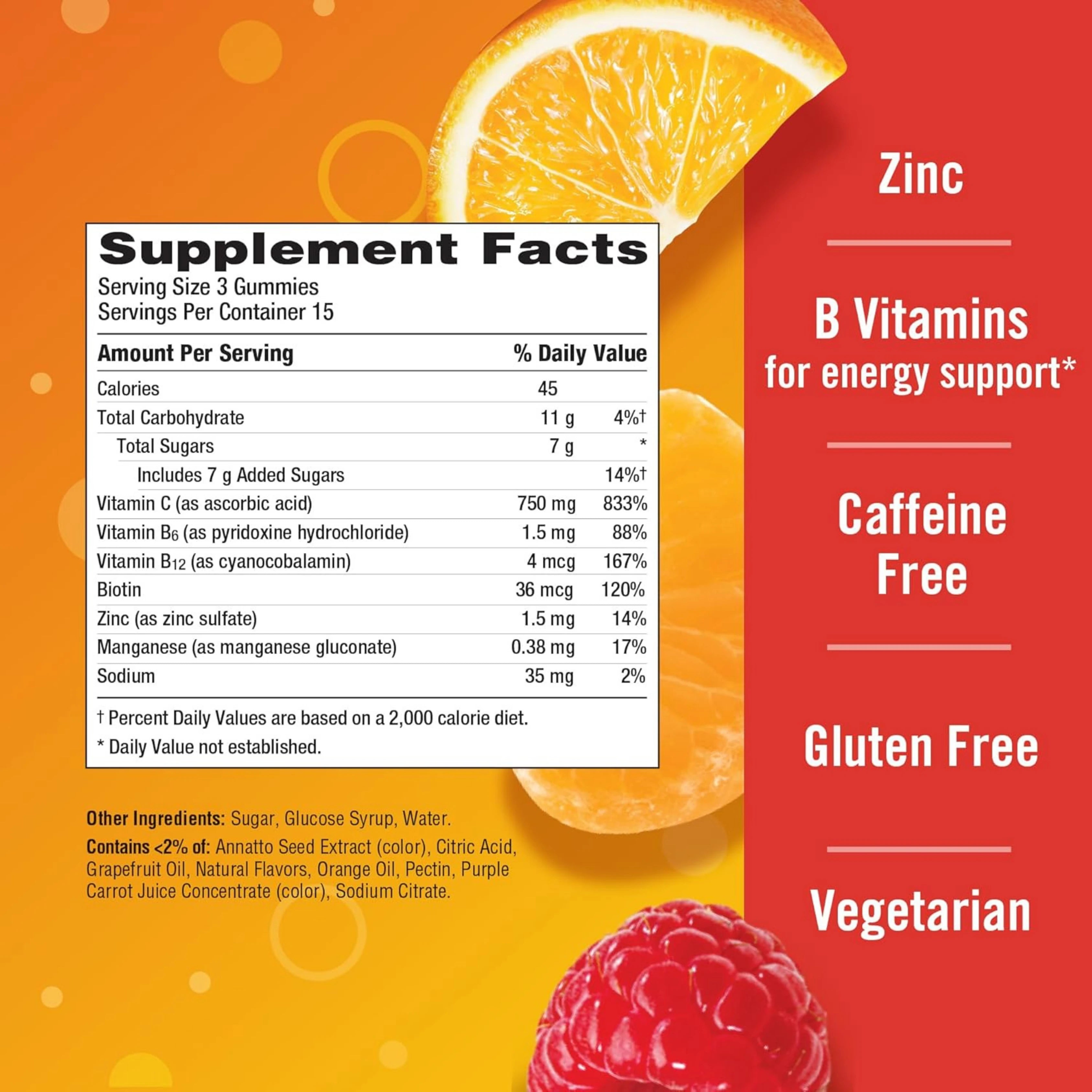 Emergen-C, 750 Mg Vitamin C Gummies for Adults, Immunity Gummies with B Vitamins, Orange, Tangerine and Raspberry Flavors, 45 Count